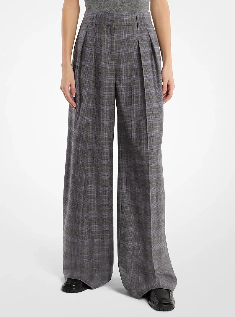 Glen Plaid Wool Pleated Slouch Trousers - 1