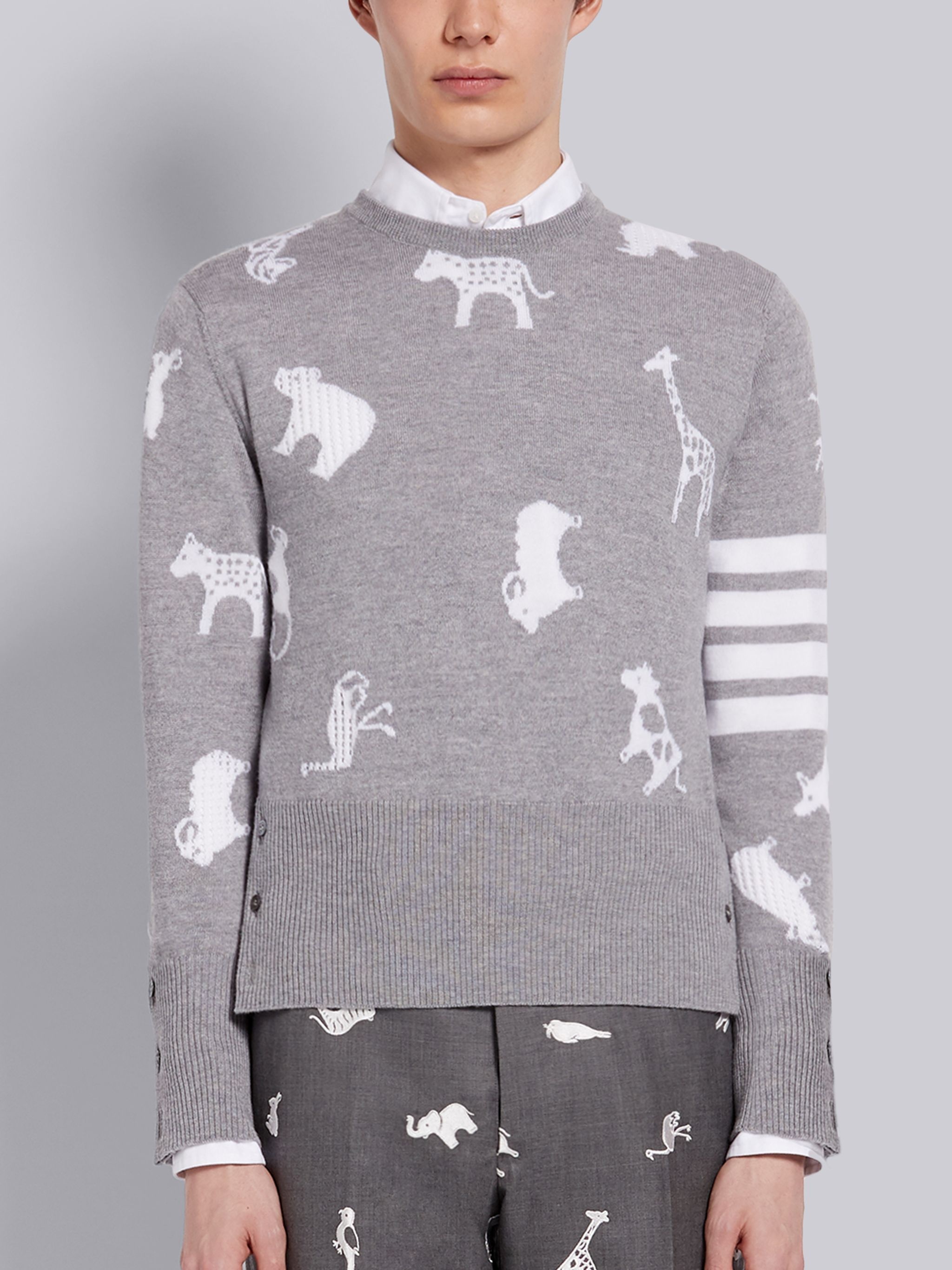 Light Grey Fine Merino Wool Animal Icon Crewneck 4-Bar Pullover - 1