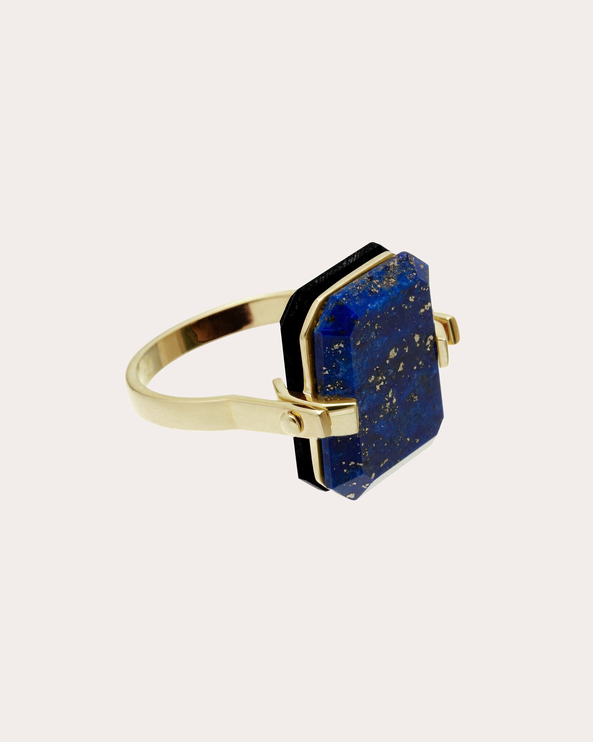 ALIITA Deco Sandwich 9K Gold Agate and Lapis Lazuli Ring