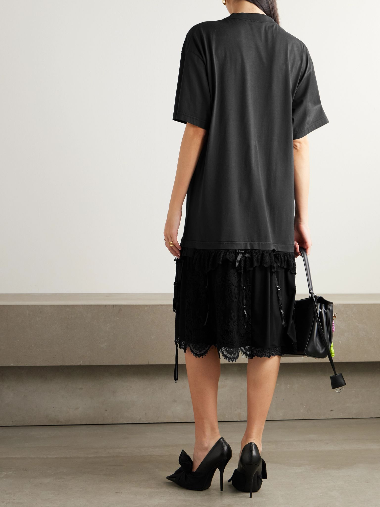 Layered lace-trimmed cotton-jersey and silk-satin mini dress Black - 3