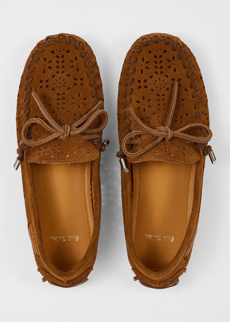 Women's Tan 'Sonna' Perforated Floral Suede Moccasins 5
