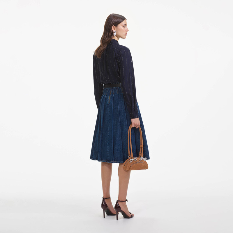 self-portrait Pleated Denim Midi Skirt outlook