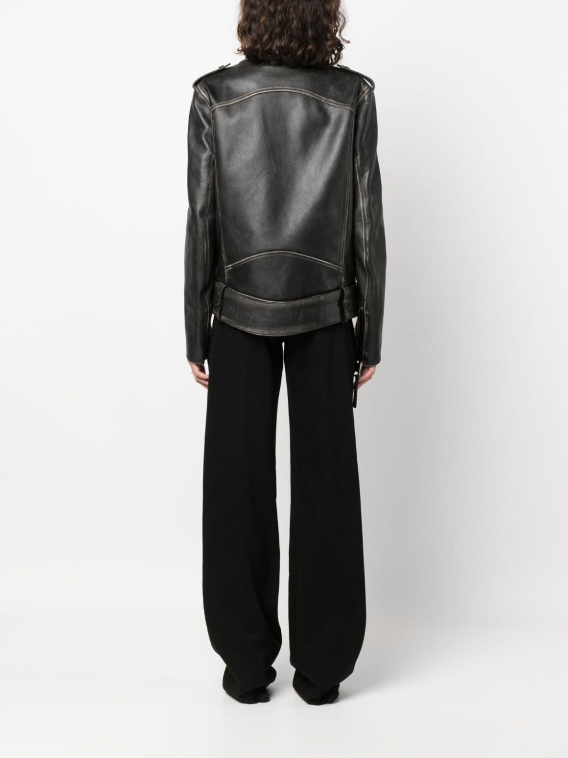 Off-White Black Faded Effect Leather Biker Jacket