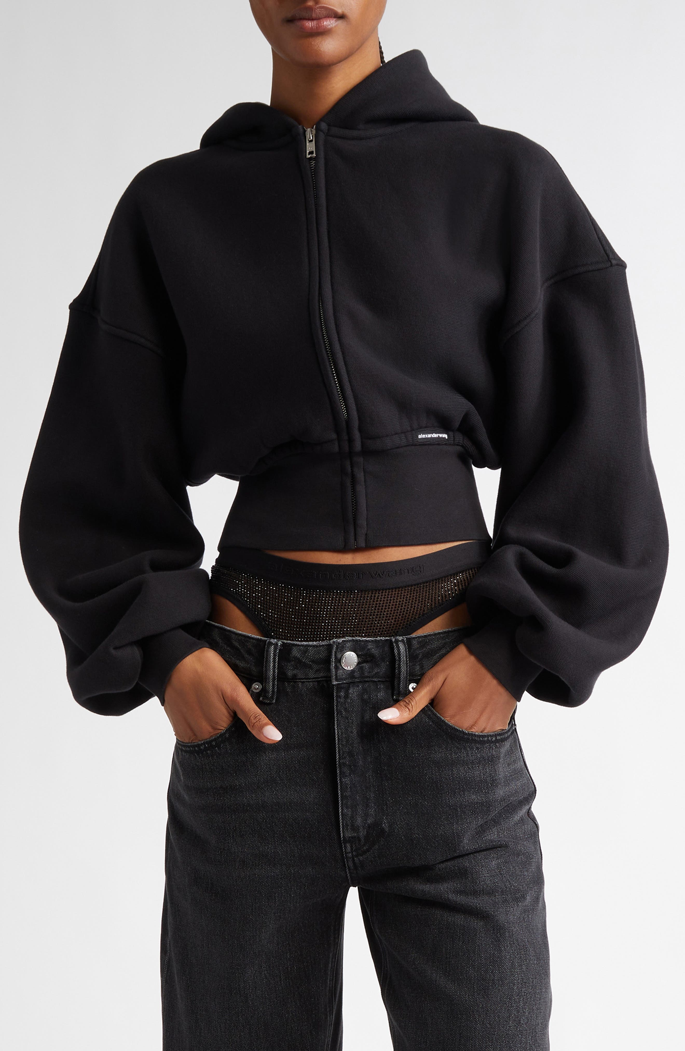 Alexander Wang Crop Front Zip Cotton Hoodie in 020A Faded Black at Nordstrom - 1