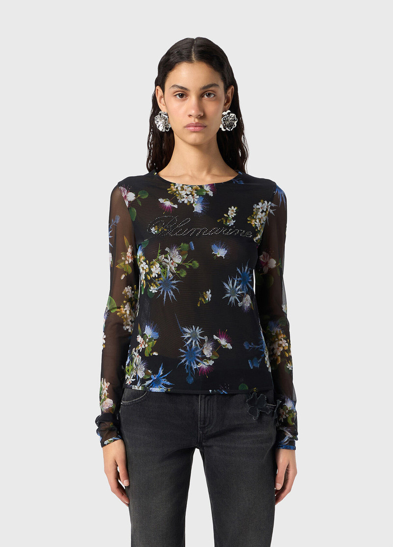 Blumarine TULLE PRINTED T-SHIRT WITH RHINESTONE LOGO outlook