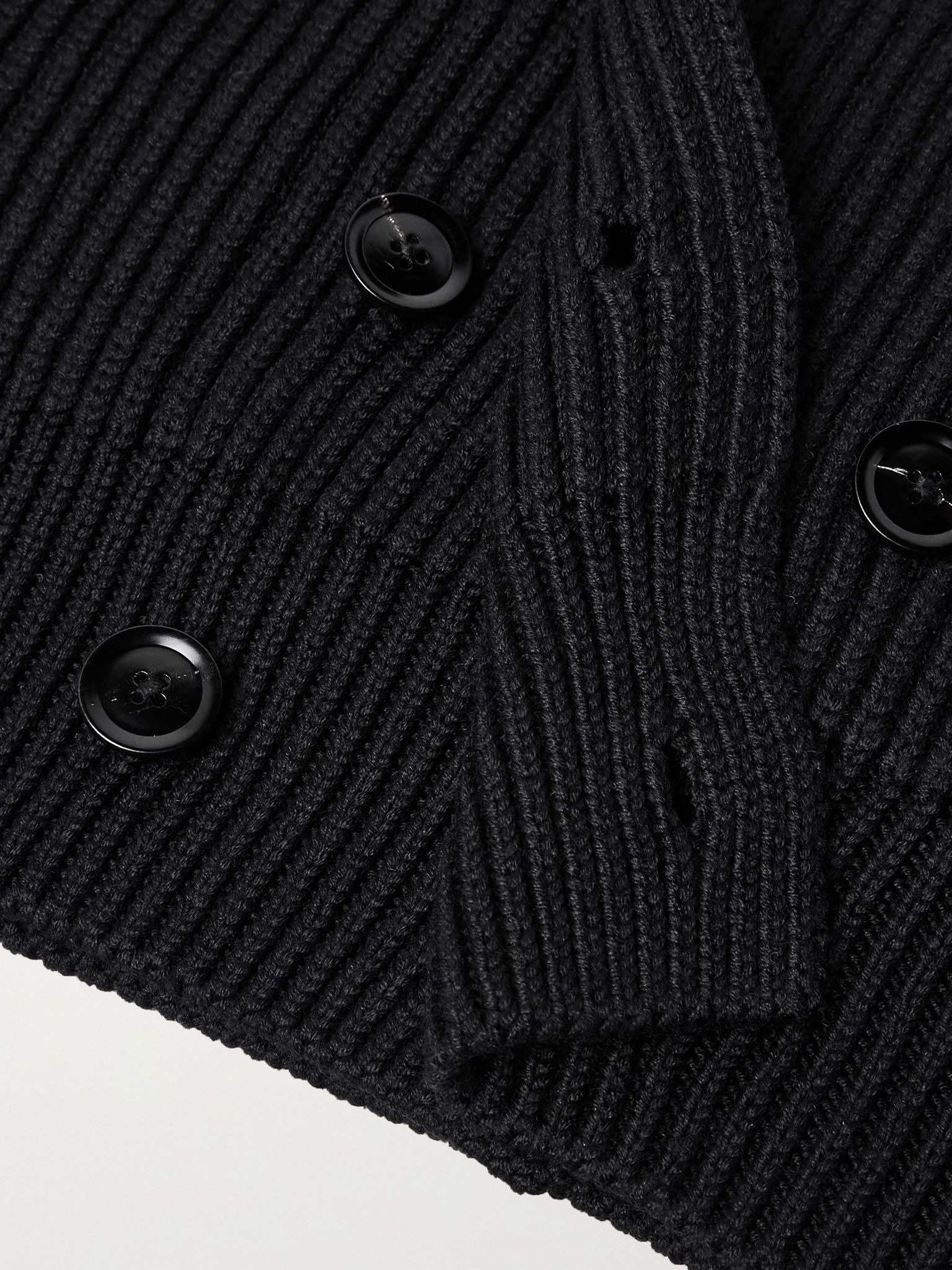 Shawl-Collar Double-Breasted Ribbed Wool and Silk-Blend Cardigan Black - 6