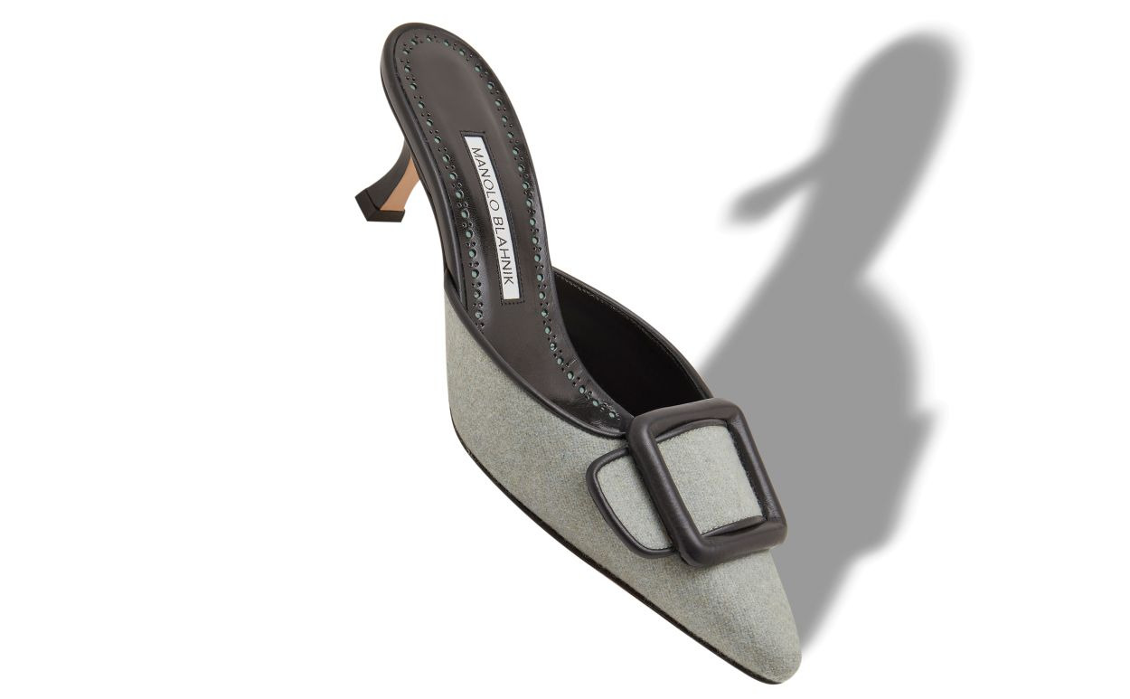 Light Green and Black Wool Buckle Detail Mules - 2