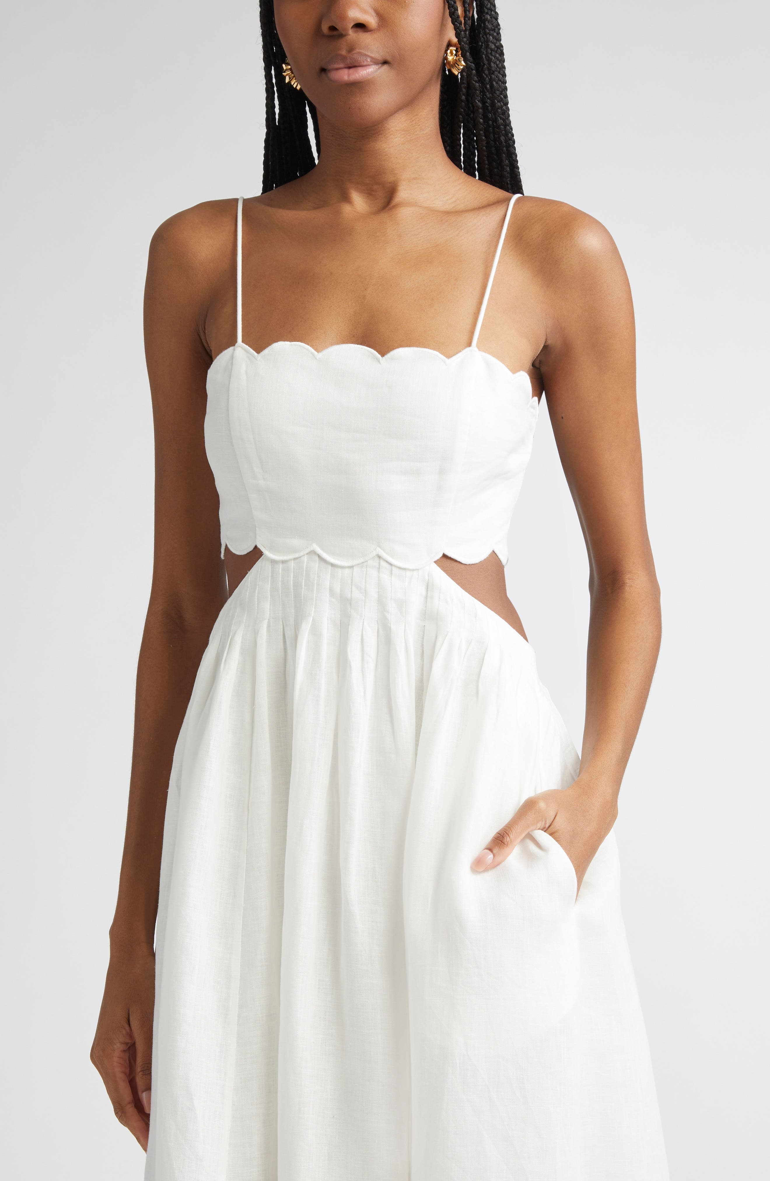 Zimmermann Rhiannon Corset Bodice Scallop Linen Midi Sundress in Ivory at Nordstrom - 4