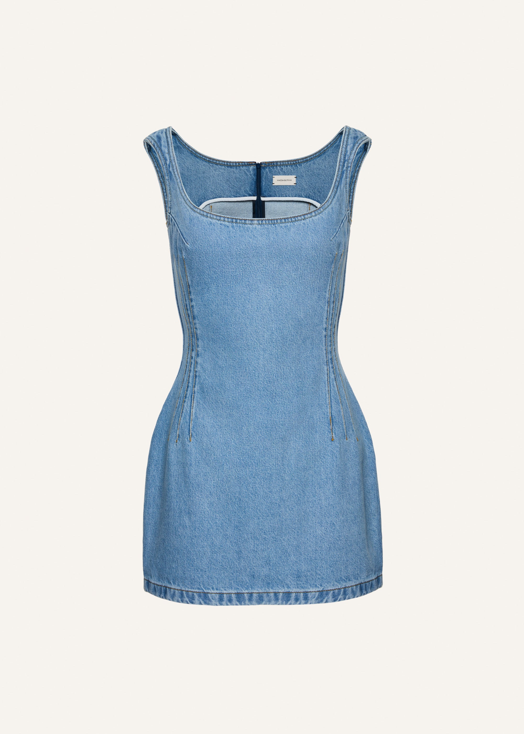 Round-neck mini denim dress in sky blue - 1