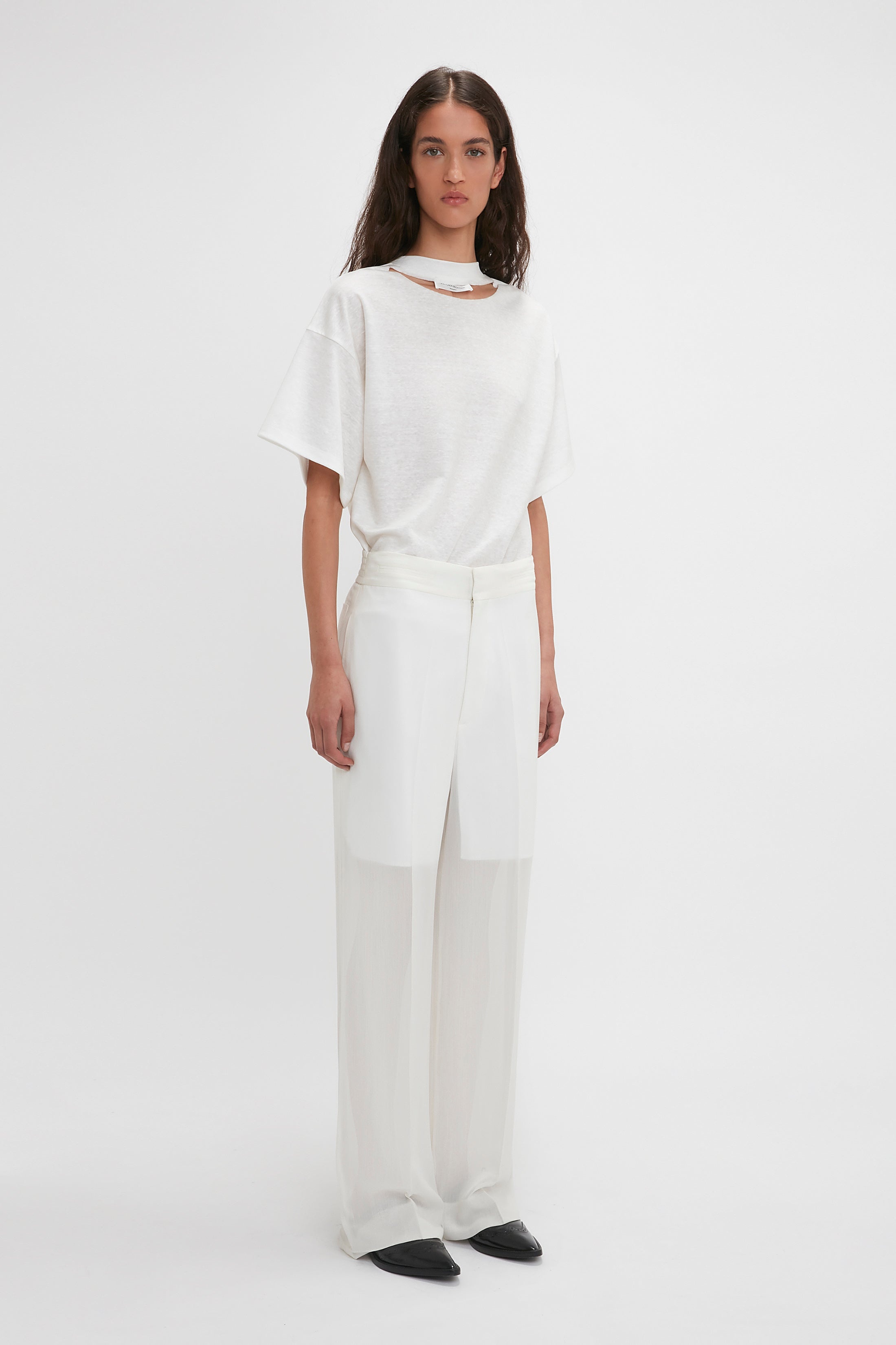 Waistband Detail Straight Leg Trouser In White - 3