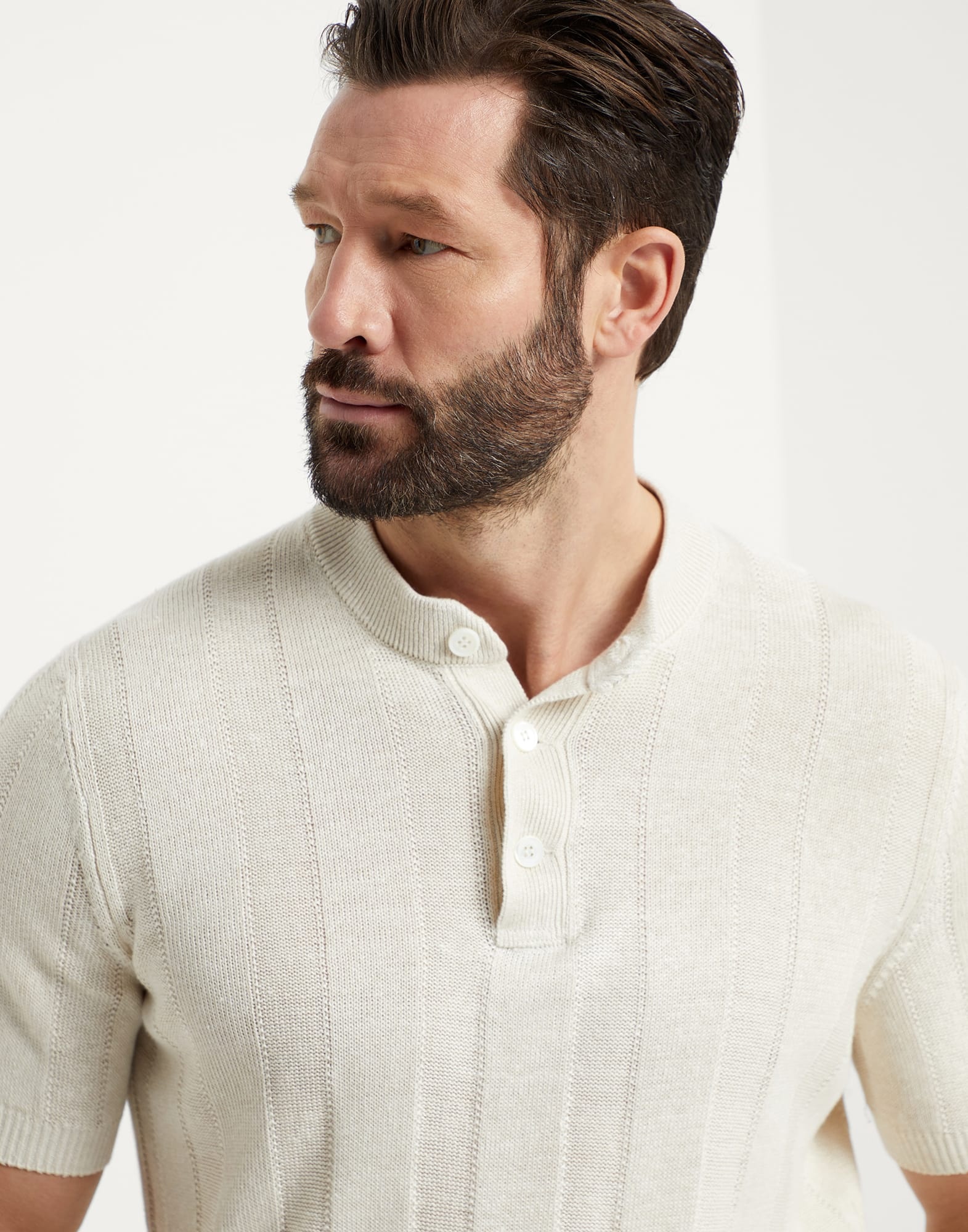 Linen and cotton knit T-shirt with Henley collar - 3
