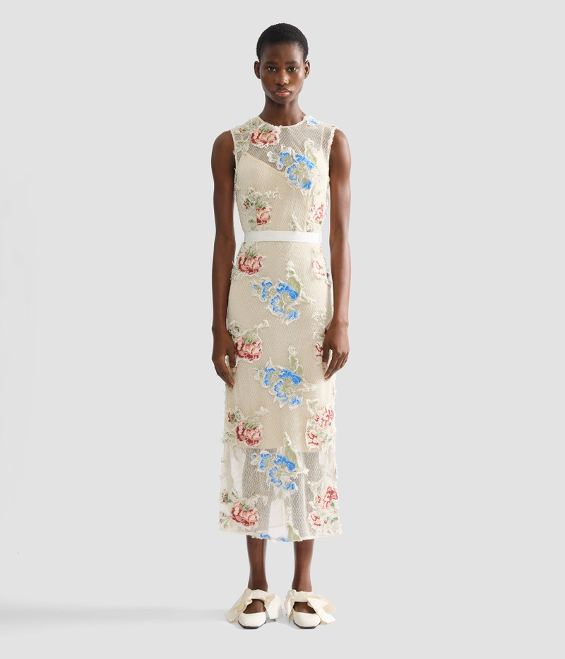 EMBROIDERED SHREDDED MESH PENCIL MIDI DRESS 4