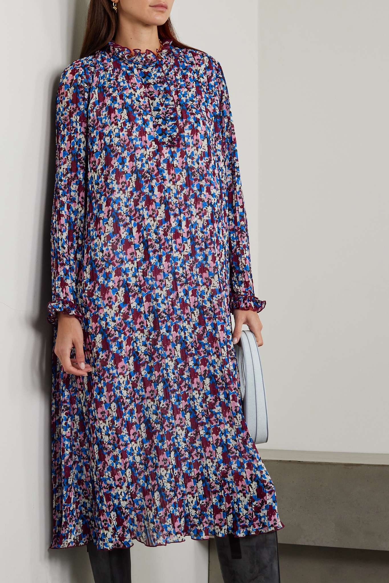 Ruffled pleated floral-print recycled-georgette midi dress - 3