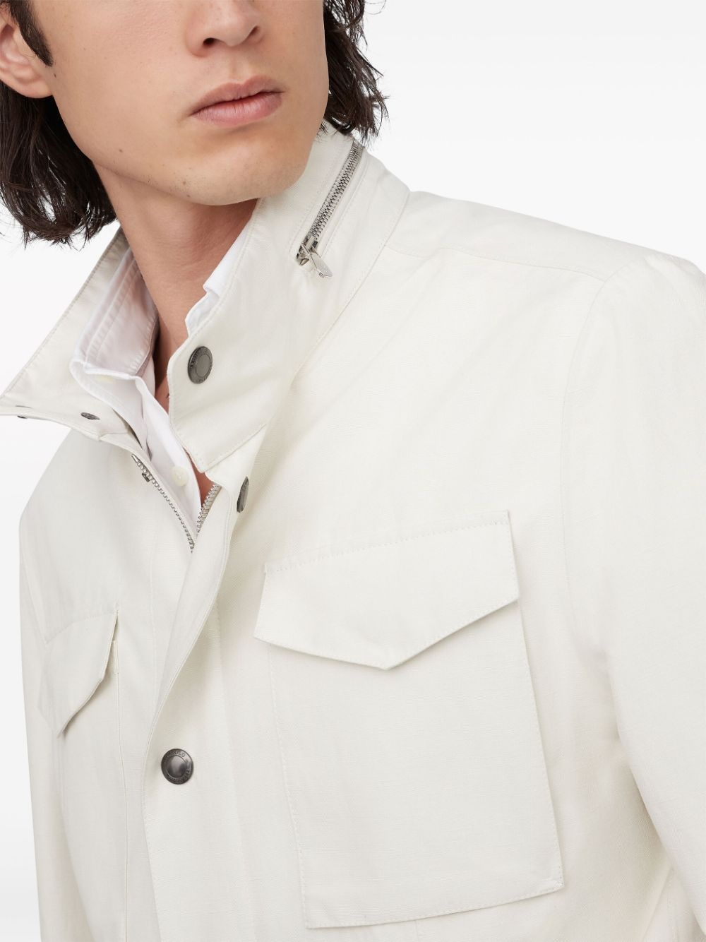 stand-up collar linen-blend coat - 5