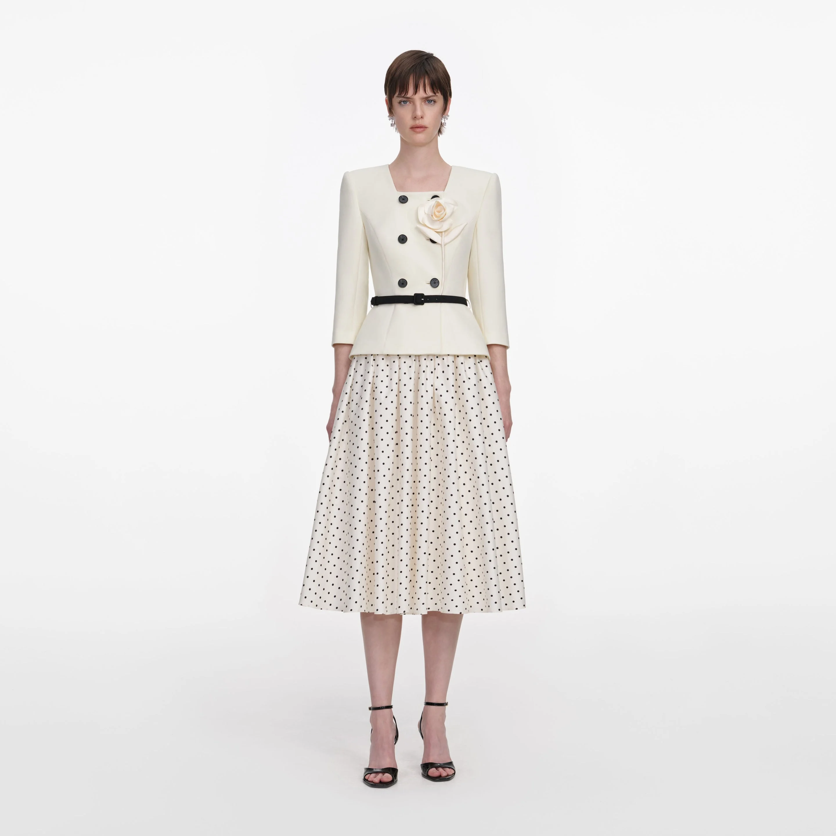 Cream 3D Flower Polka Dot Midi Dress - 1