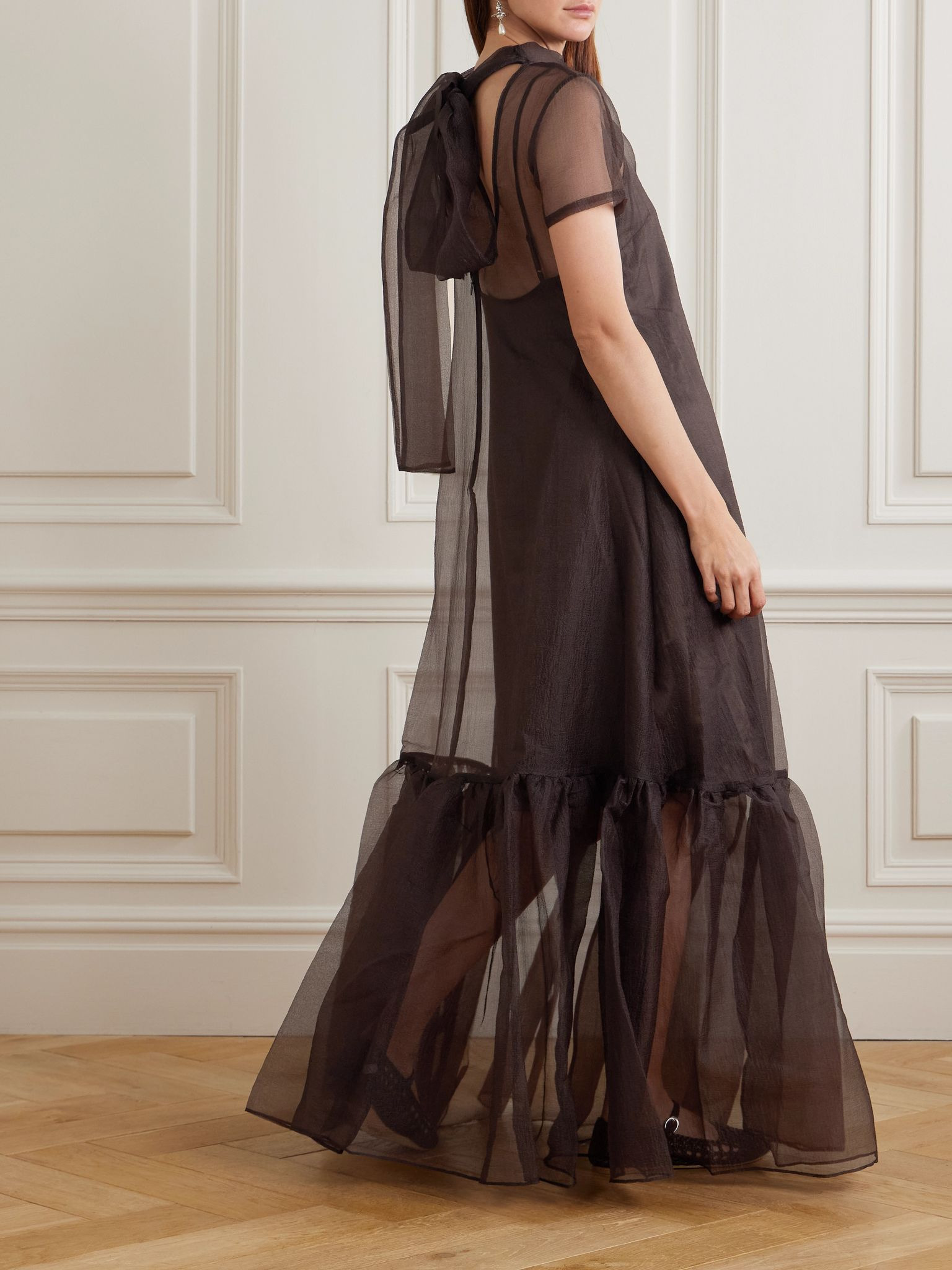Calluna tie-neck tiered organza maxi dress Brown - 3