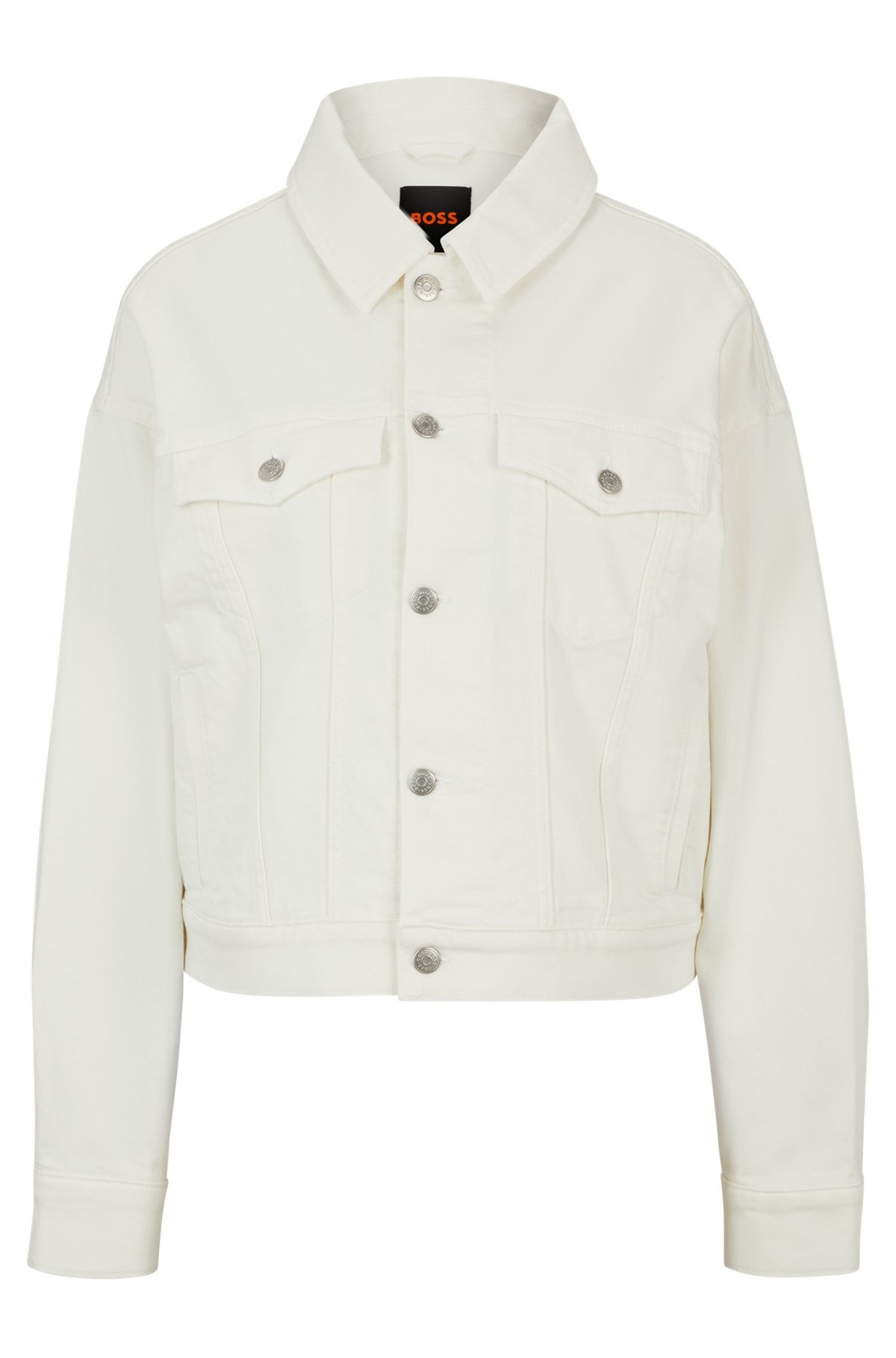 WHITE STRETCH-DENIM JACKET WITH SIGNATURE TRIMS - 1