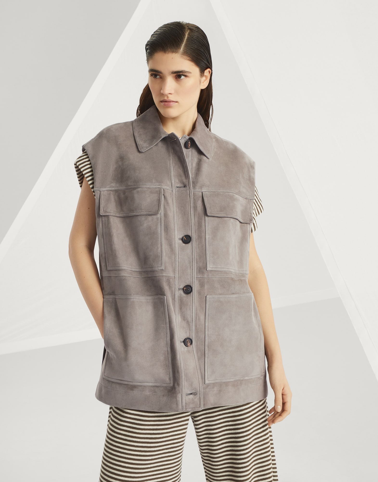 Couture suede four-pocket vest with monili - 1