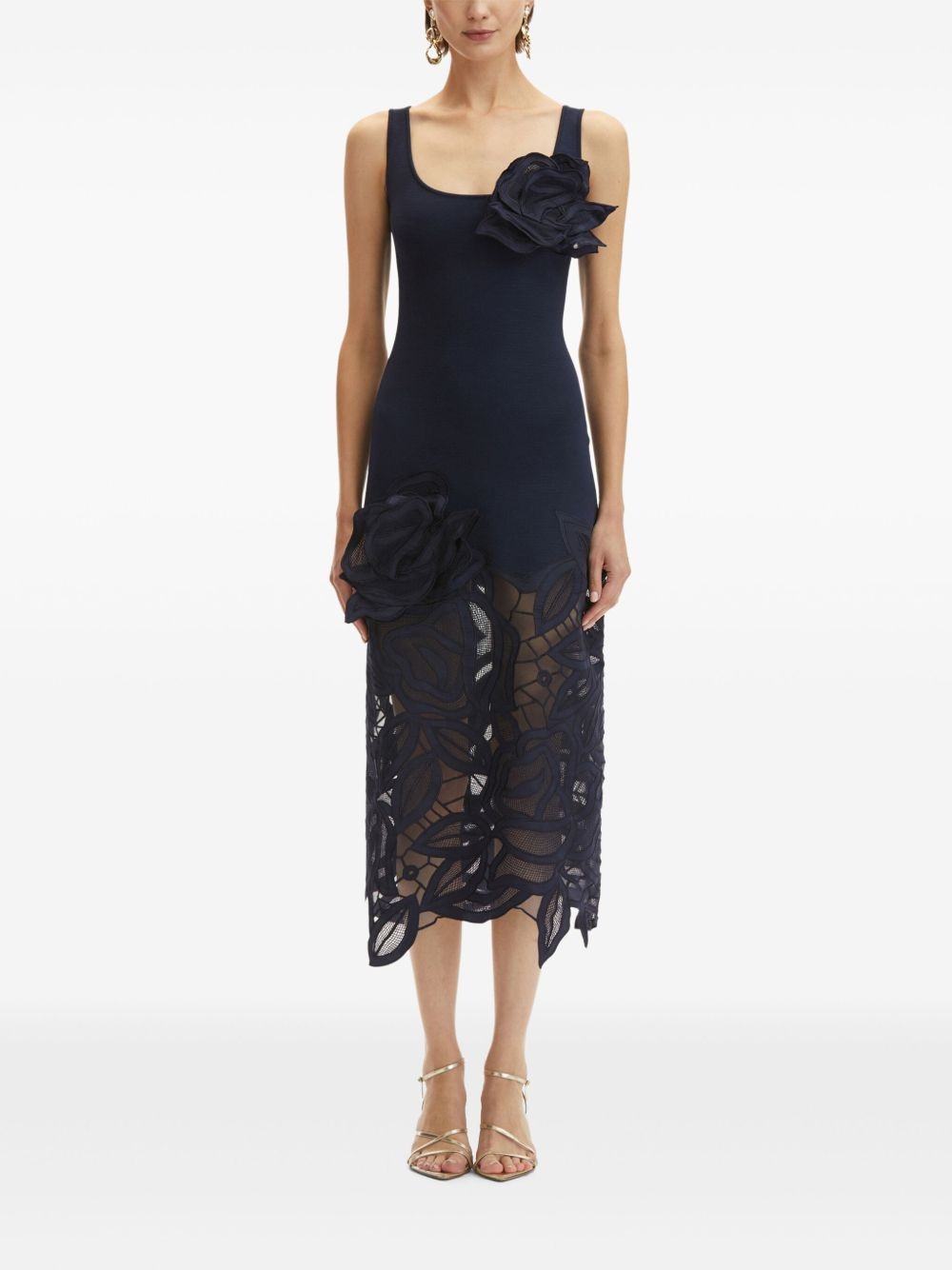 rose-appliqué knitted midi dress - 2