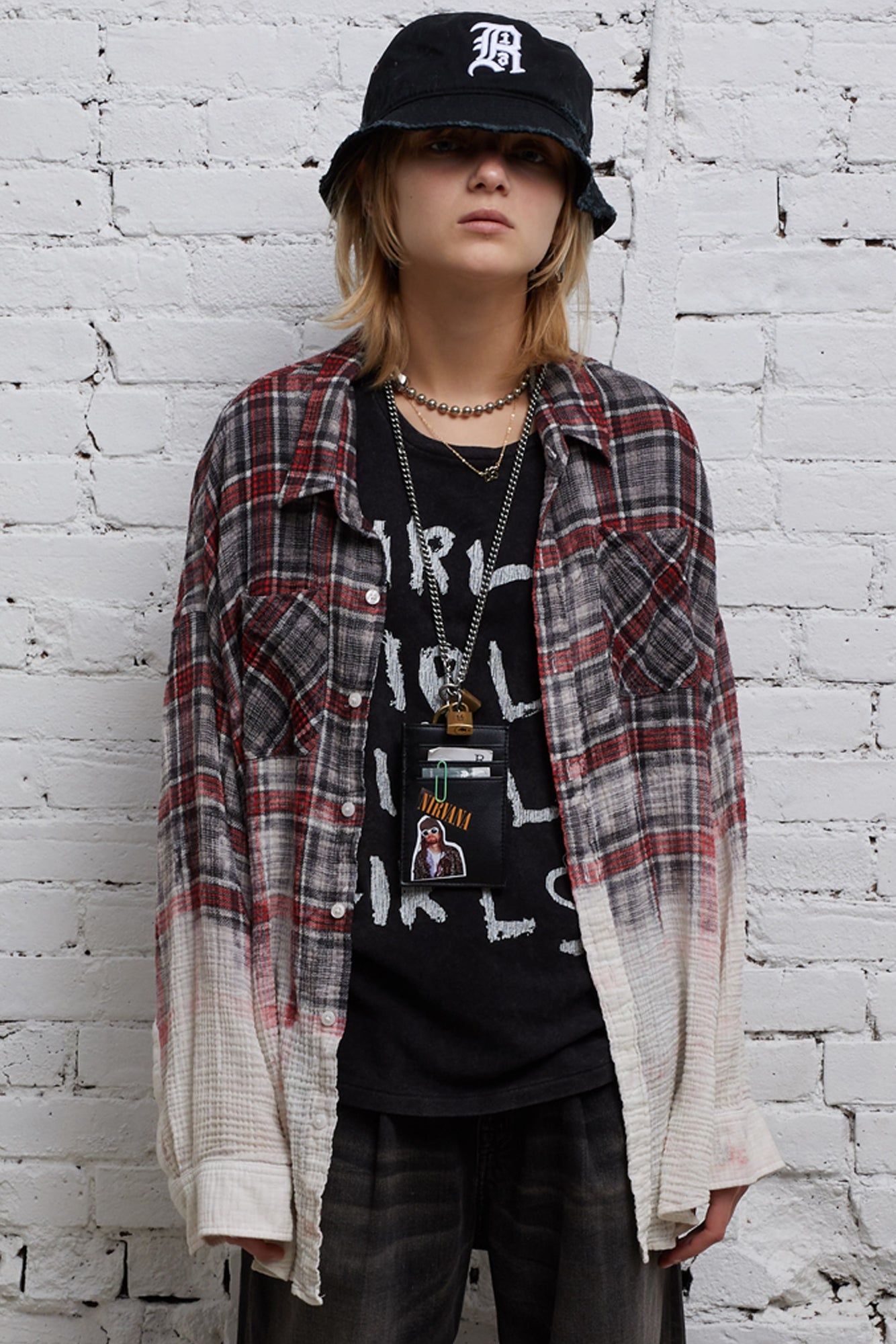 OVERSIZED SHIRT - DIP-BLEACH IMITATION ON GREY PLAID | R13 - 2