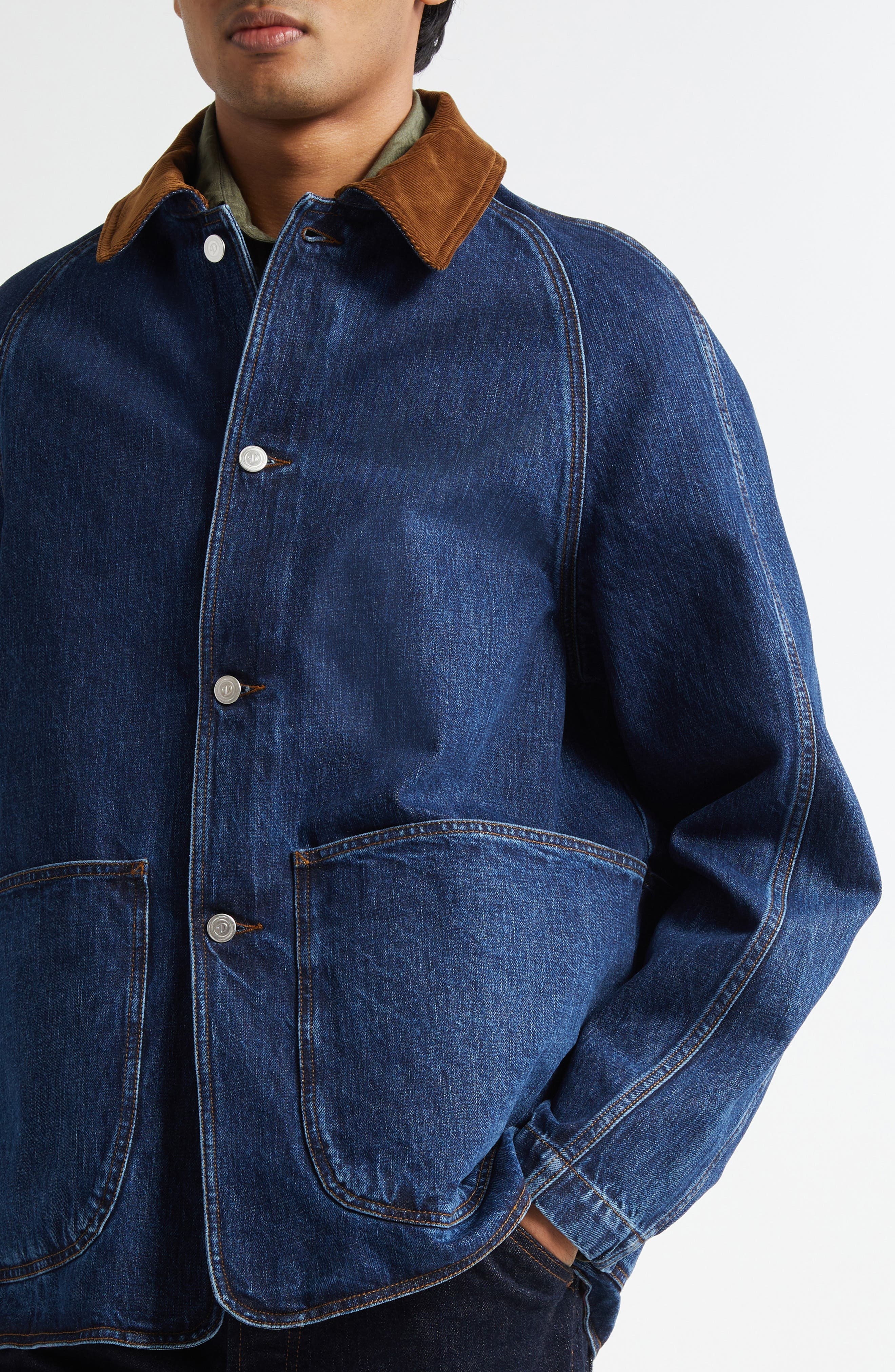 Drake's Corduroy Collar Denim Chore Coat in Stone Wash at Nordstrom - 4