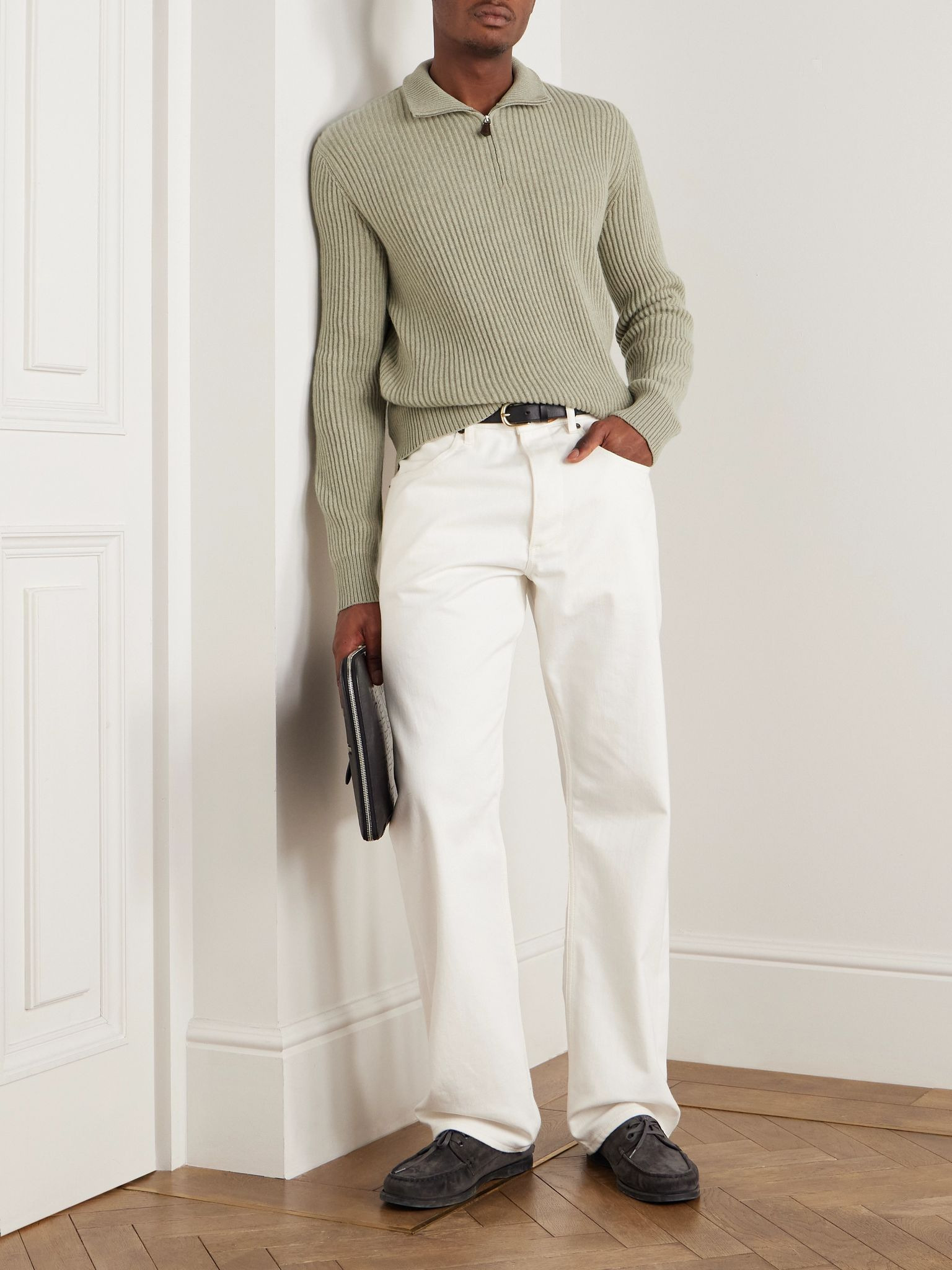 Plane Tree Ribbed Cashmere Half-Zip Sweater Green - 2