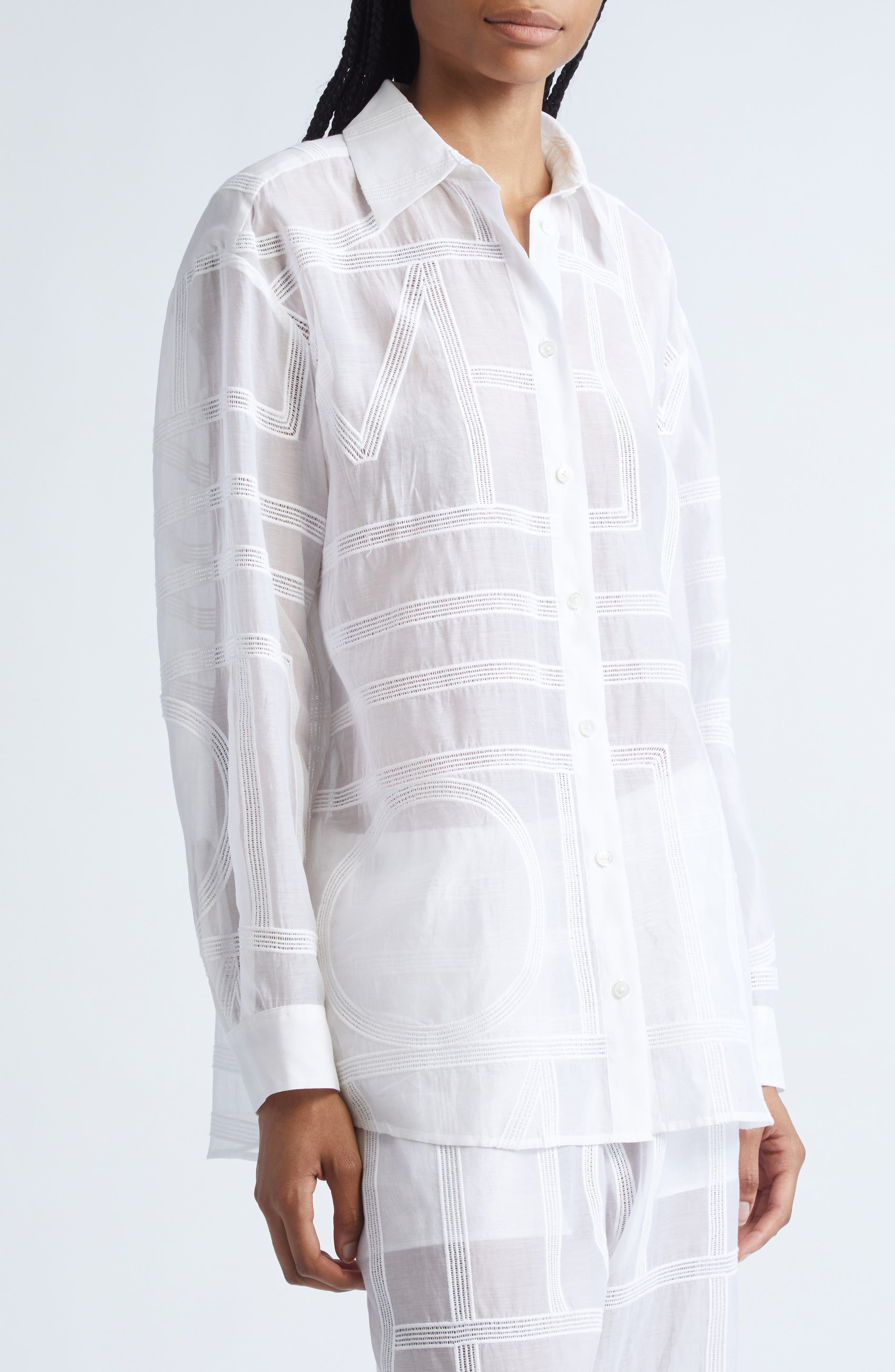 TOTEME Embroidered Organic Cotton & Silk Monogram Oversize Button-Up Shirt in White at Nordstrom - 5