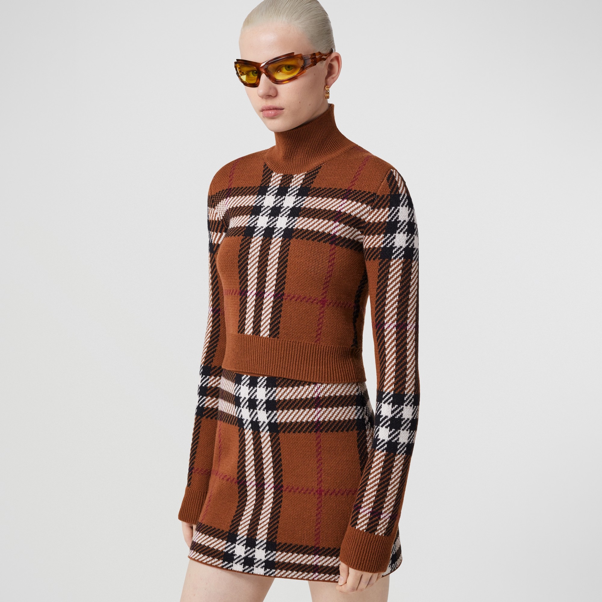 Check Wool Jacquard Cropped Sweater - 4