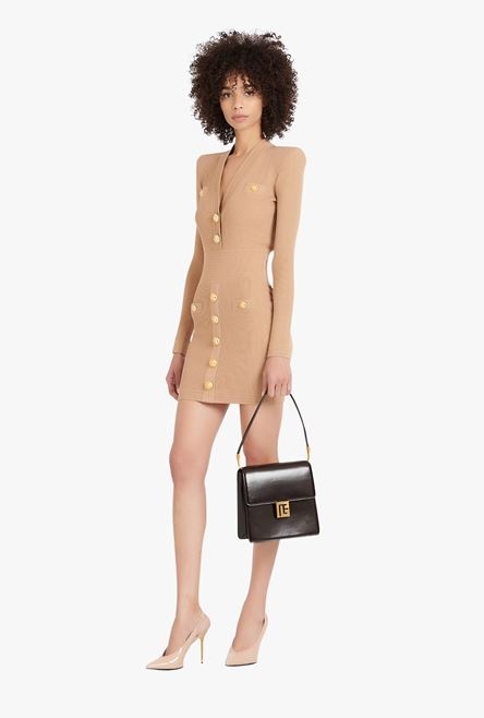 Short sand-colored eco-designed knit dress with gold-tone buttons - 2