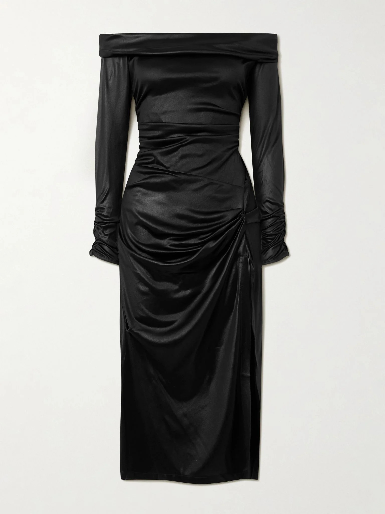 Off-the-shoulder draped satin-jersey midi dress Black - 1