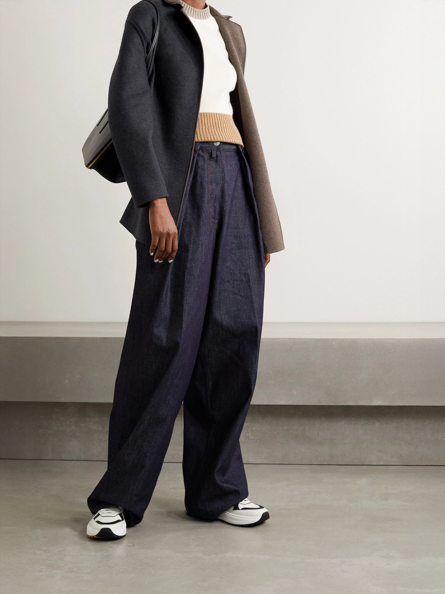 Jimi reversible belted leather-trimmed cashmere-blend jacket Charcoal - 2
