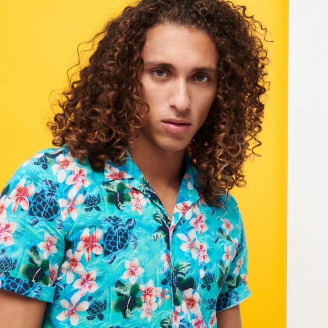 Men Bowling Shirt Linen and Cotton Turtles Jungle - 6