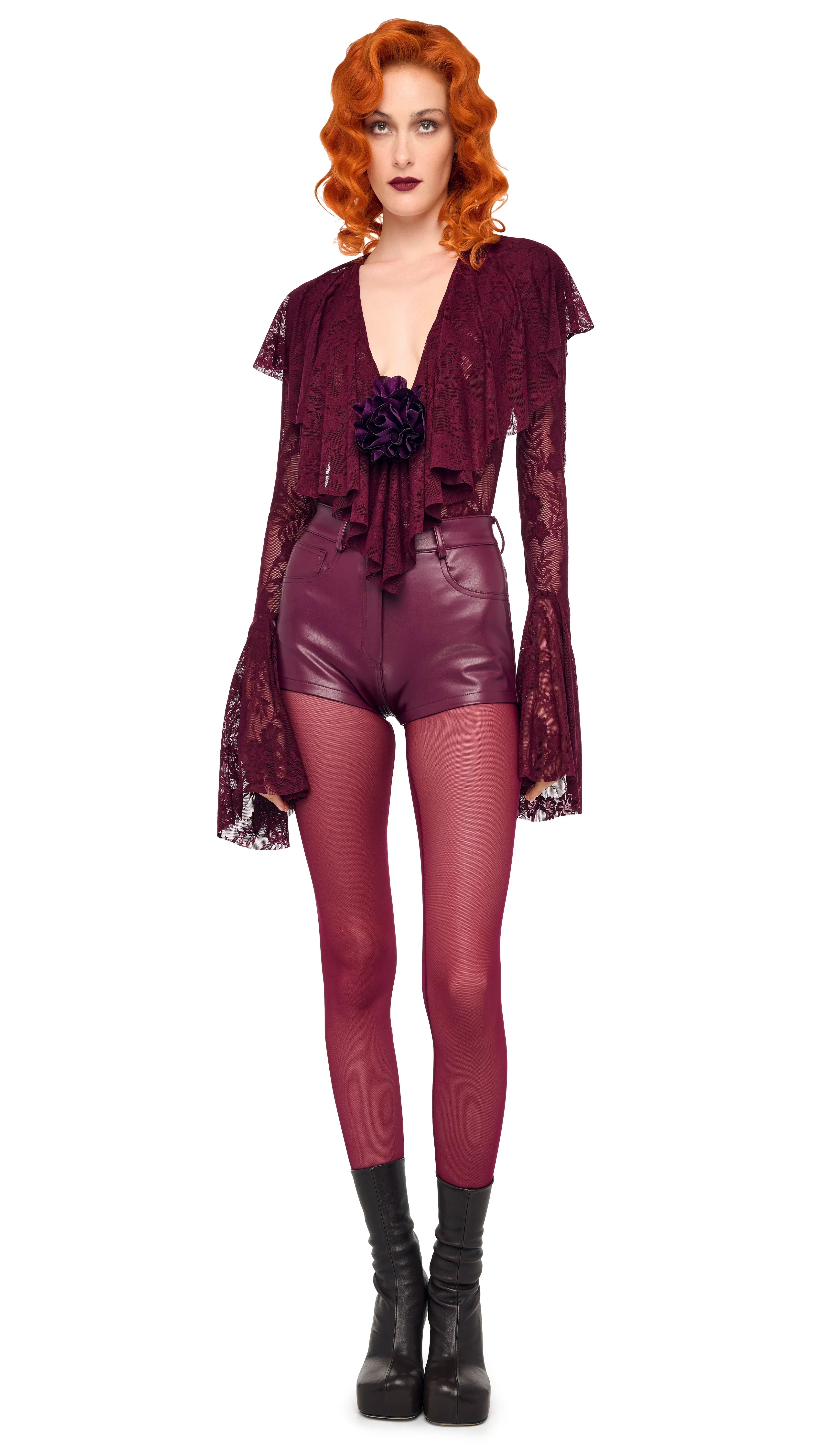 LONG SLEEVE DEEP V RUFFLE BODYSUIT - 1