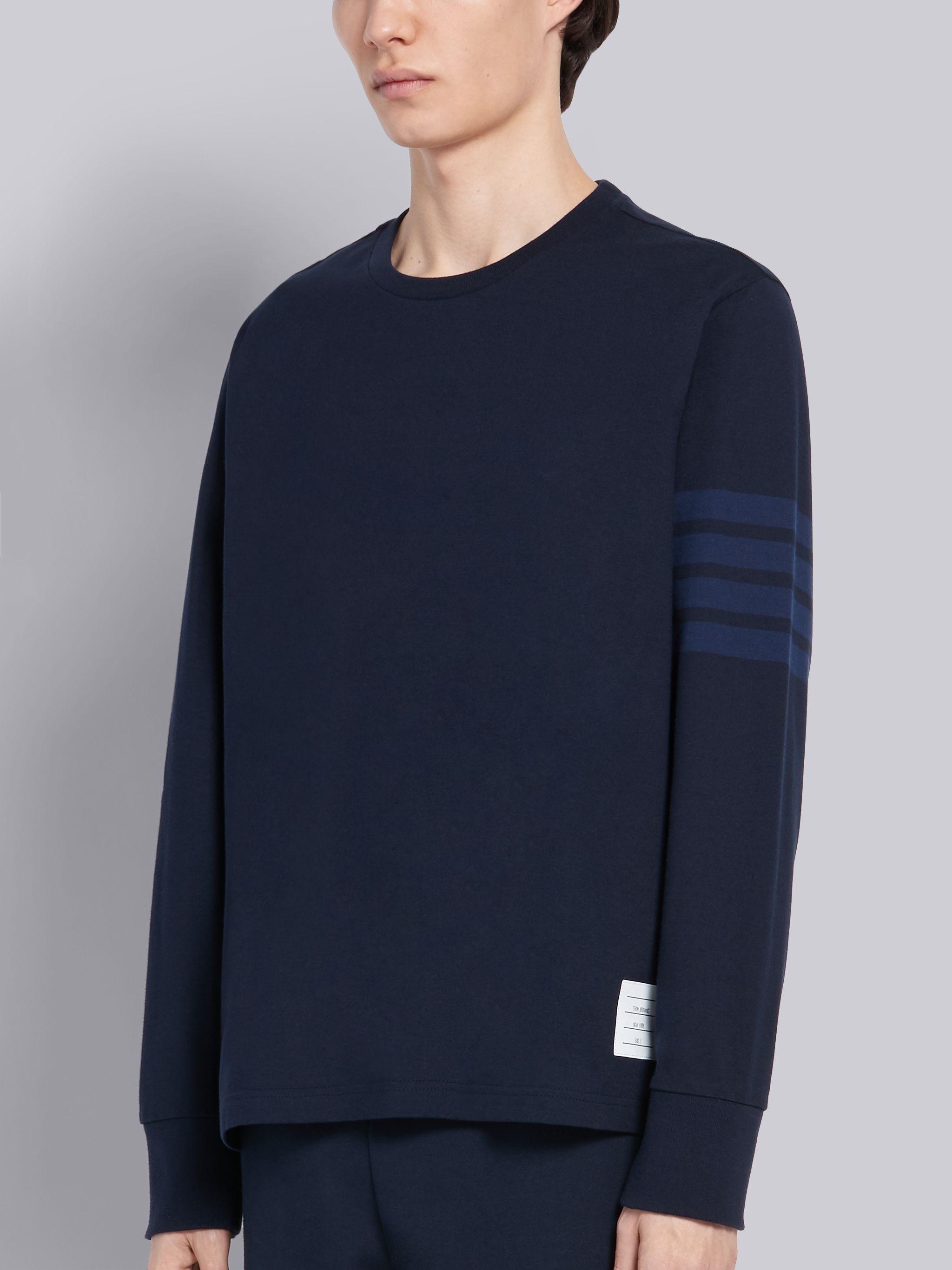 Navy Cotton Jersey Long Sleeve Tonal 4-Bar Rugby T-shirt - 2