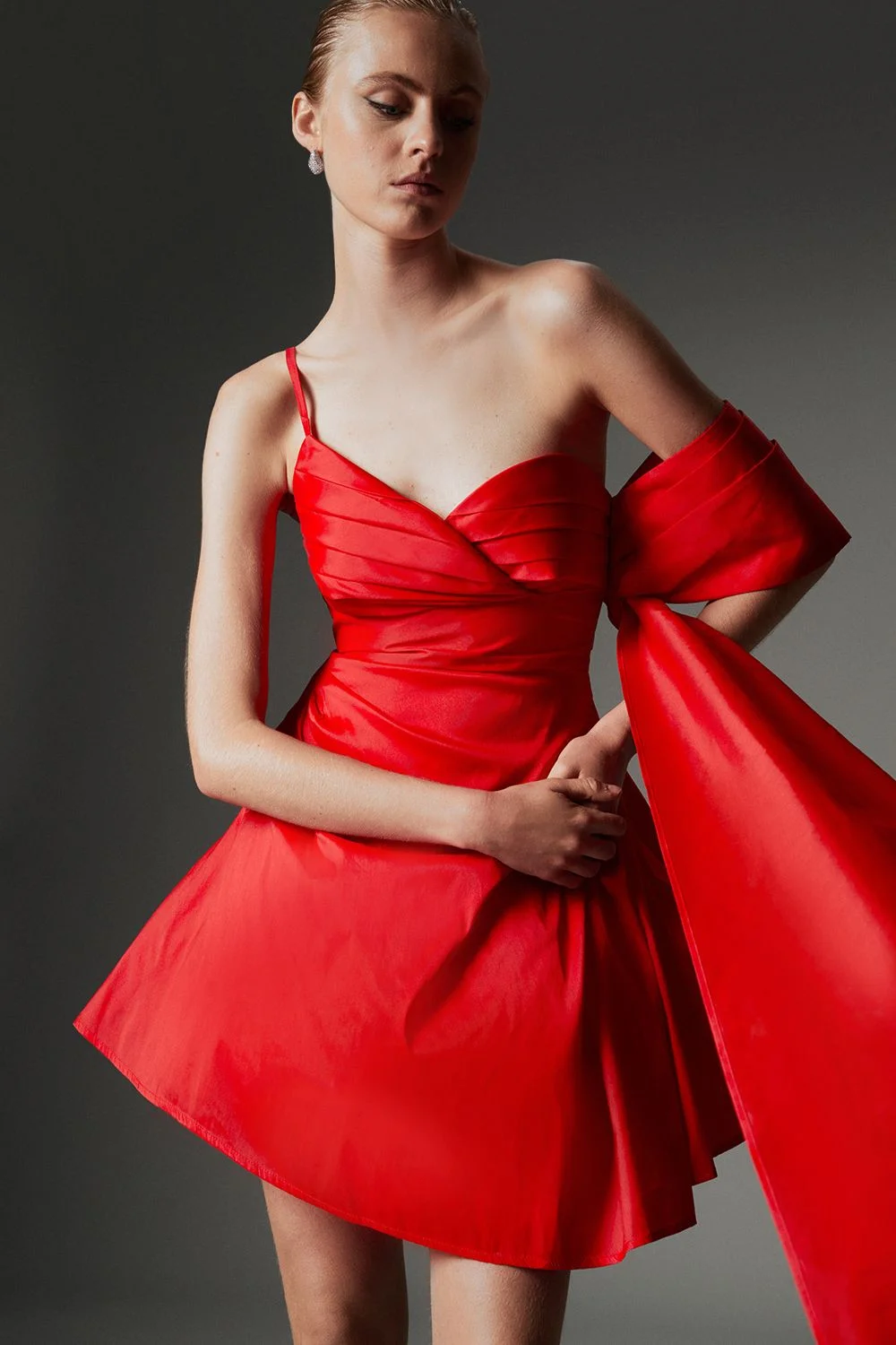Archive Collection - Petite Taffeta Draped Shoulder Mini Dress - 1