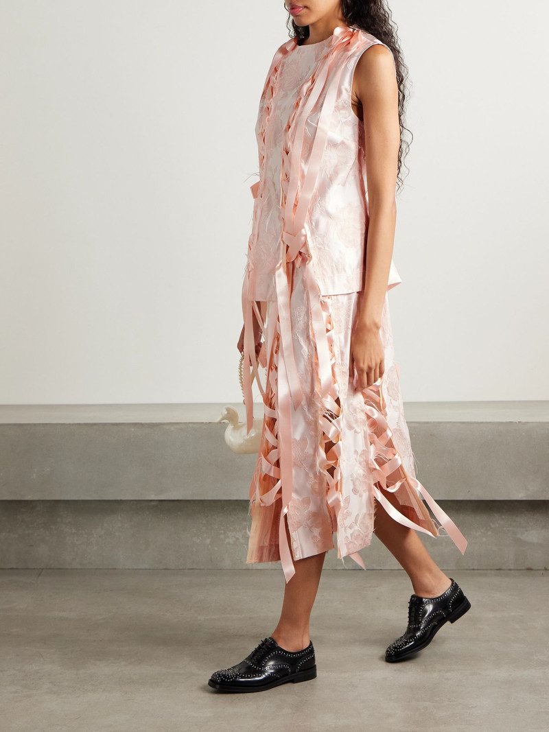 Simone Rocha Unraveling Ribbon lace-up frayed brocade top Blush outlook
