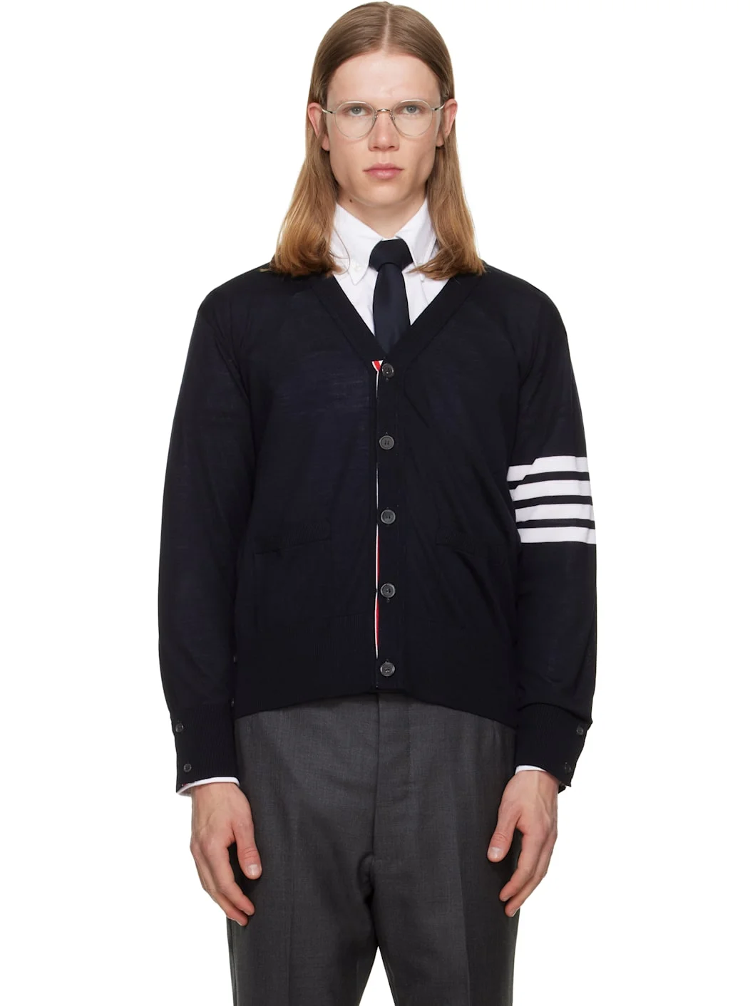 Navy Merino Wool 4-Bar Classic Cardigan - 1