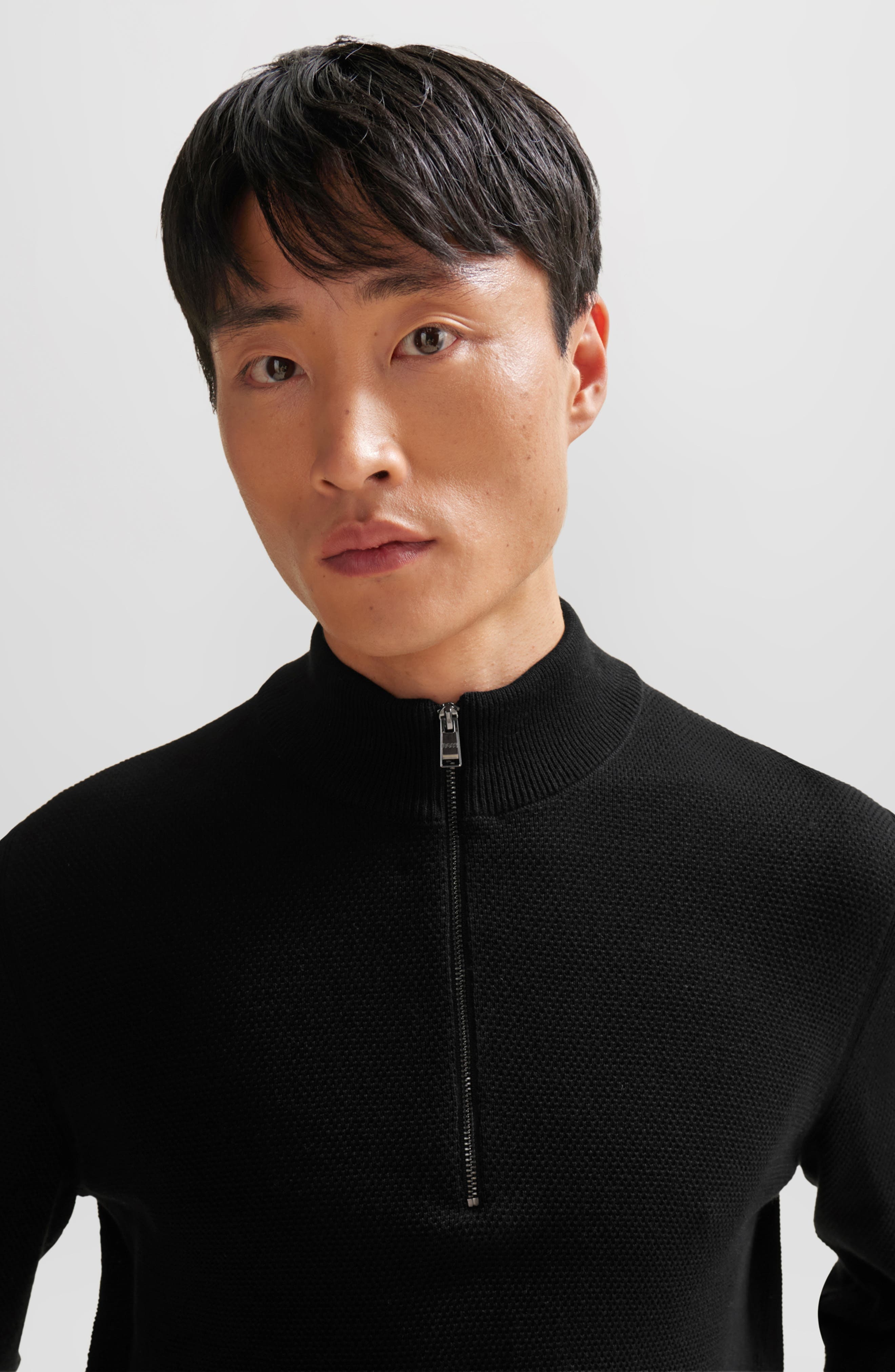 BOSS Ebrando Textured Cotton Half Zip Sweater in Black at Nordstrom - 3