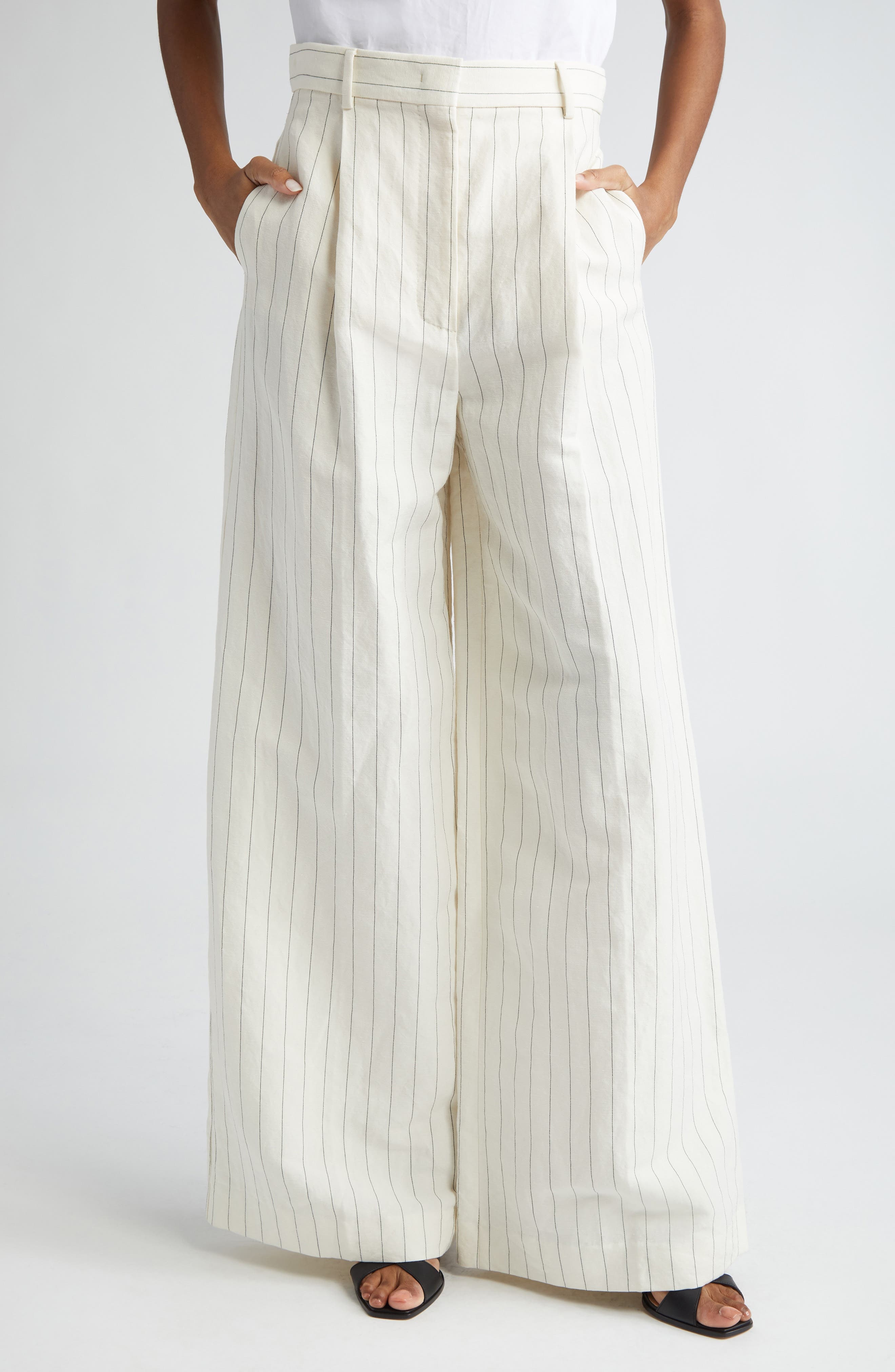 Giuliva Pinstripe High Waist Linen & Cotton Wide Leg Trousers - 1