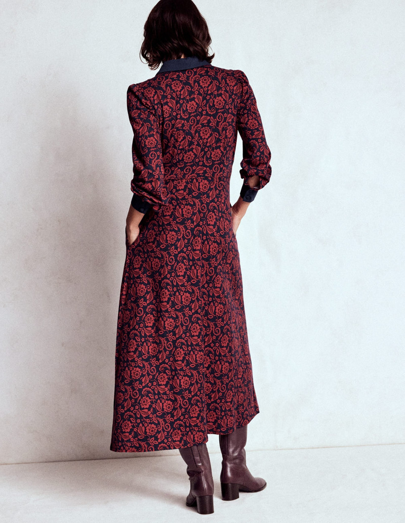 Empire Waistline Shirt Dress-Red, Ornate Flora 4