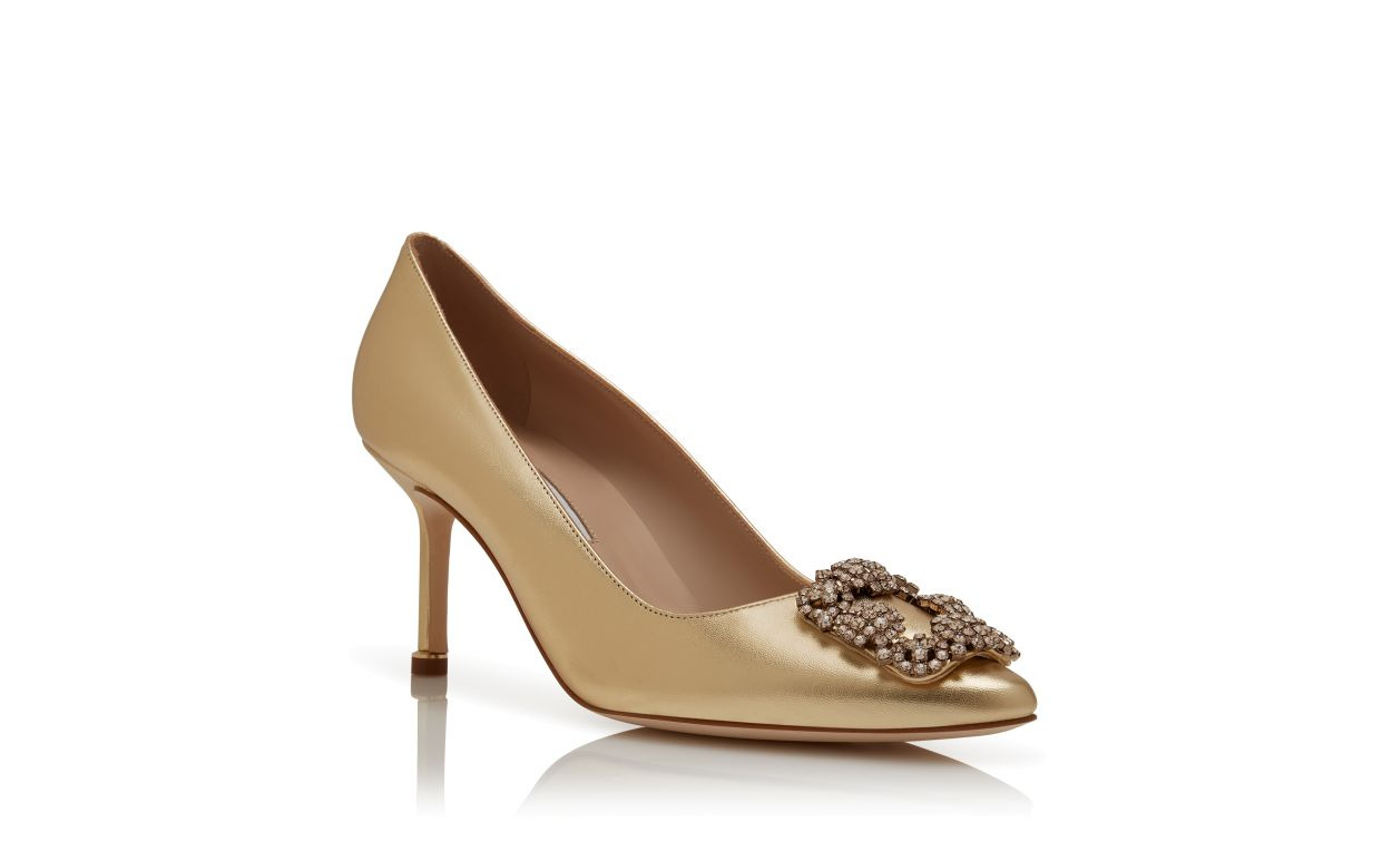 Gold Nappa Leather Jewel Buckle Pumps - 3