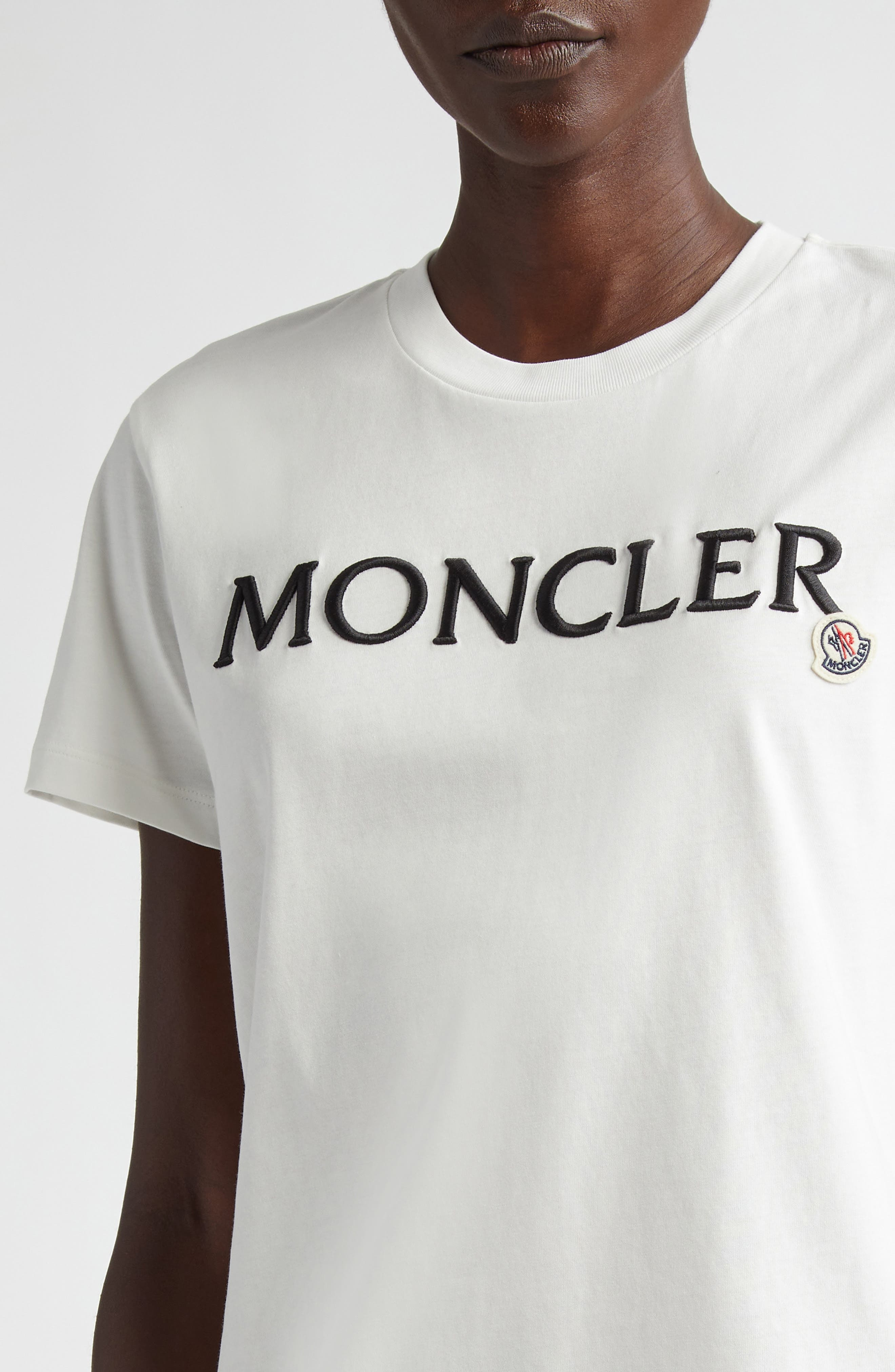 Moncler Logo Embroidered Cotton T-Shirt in Eggnog at Nordstrom - 4
