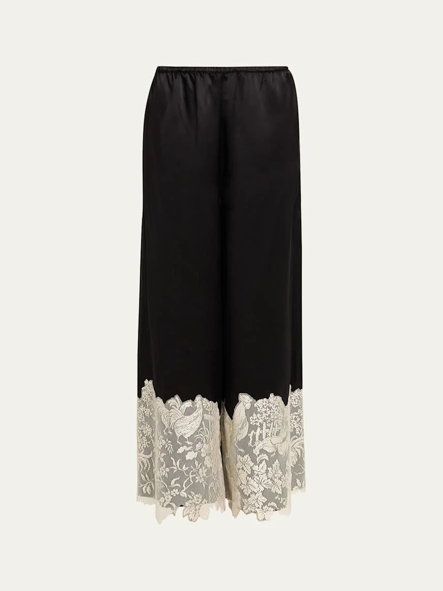Chicken Lace-Trim Silk Wide-Leg Pajama Pants - 1