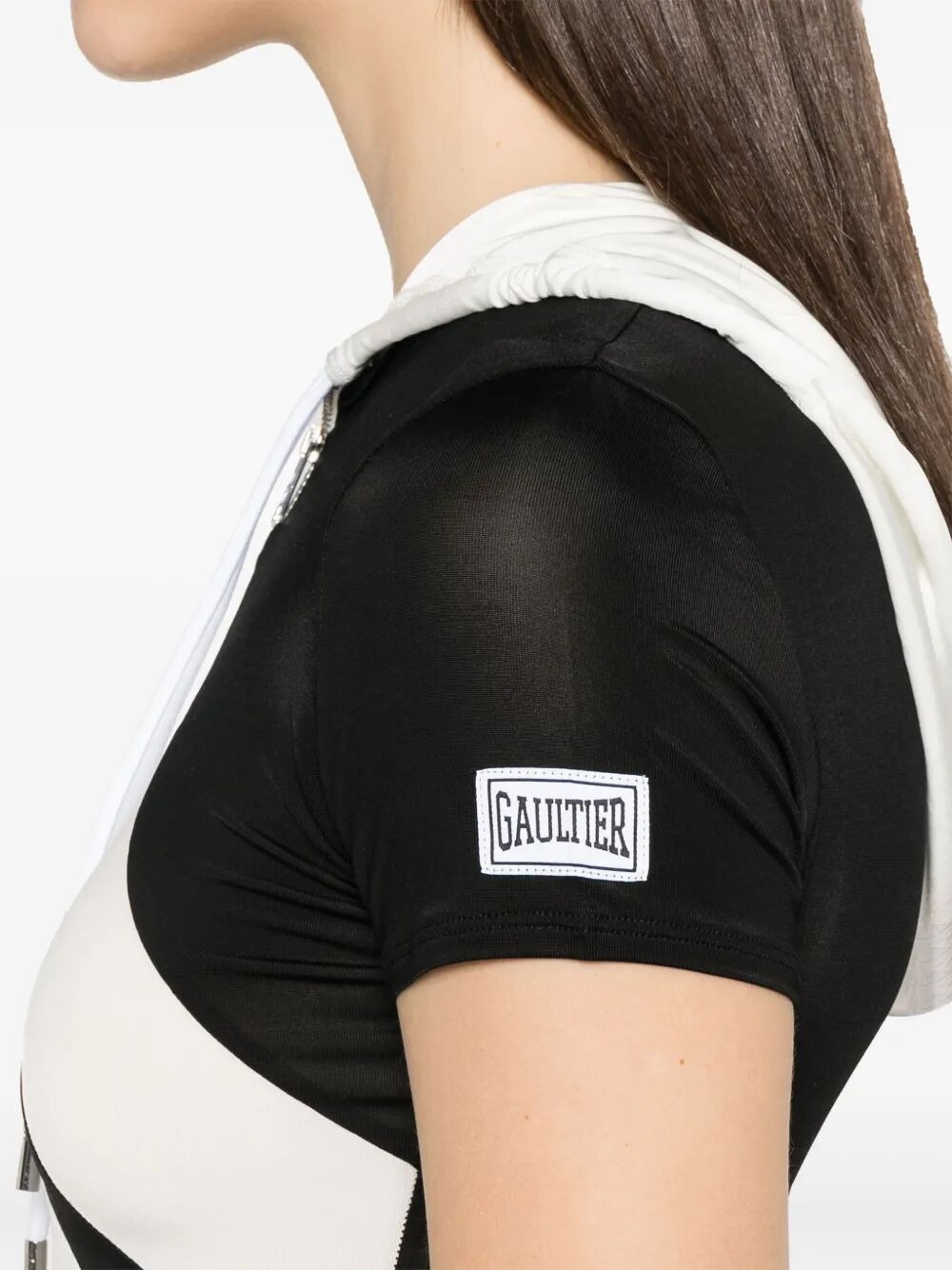 Jean Paul Gaultier Women Viscose Baby Tee Shirt With Inlaid Chevron, "Gaultier" Patch Detail And Hoo - 5