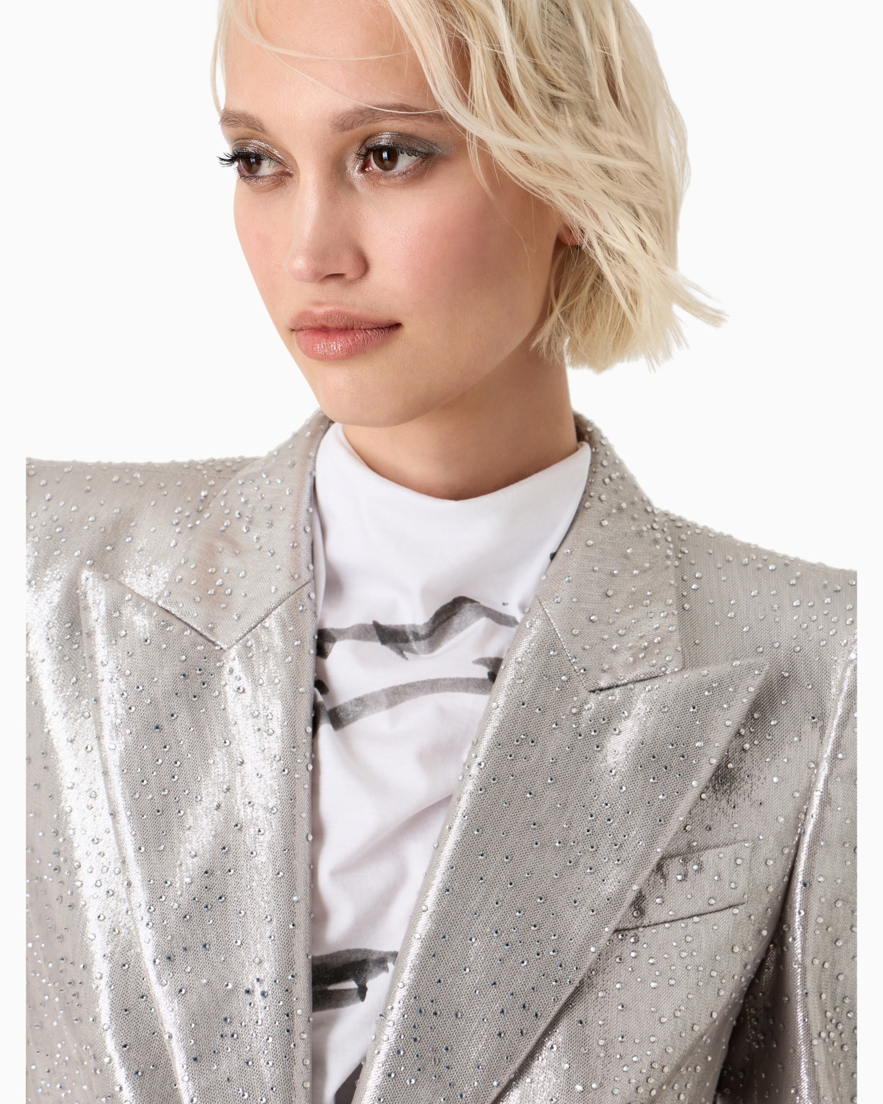 Long single-breasted jacket in silk and tulle with rhinestone embroidery - 5