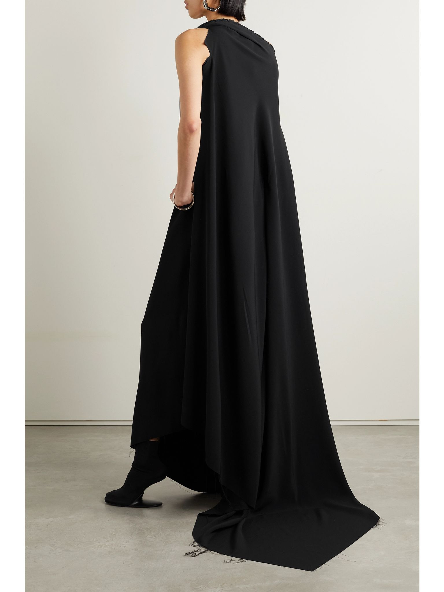 Asymmetric one-shoulder frayed draped crepe gown Black - 4