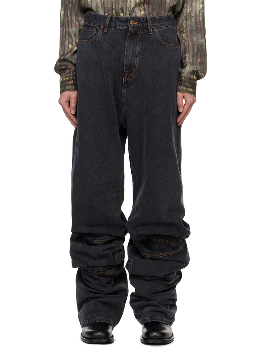 Black Draped Cuff Jeans - 1