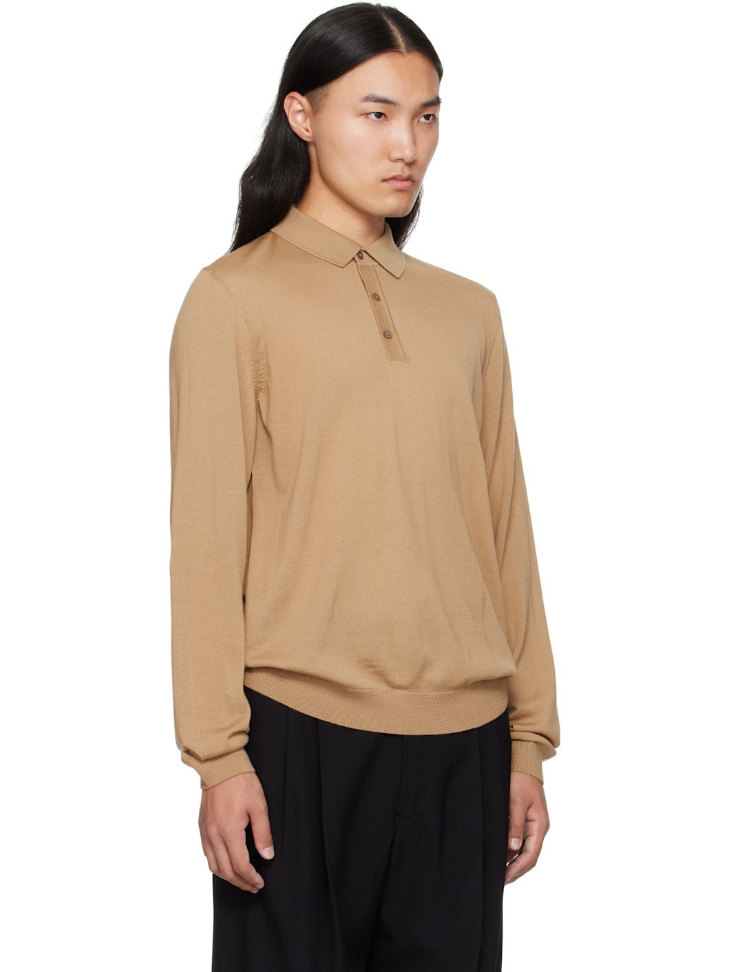 Tan Long-Sleeved Virgin Wool Polo - 2