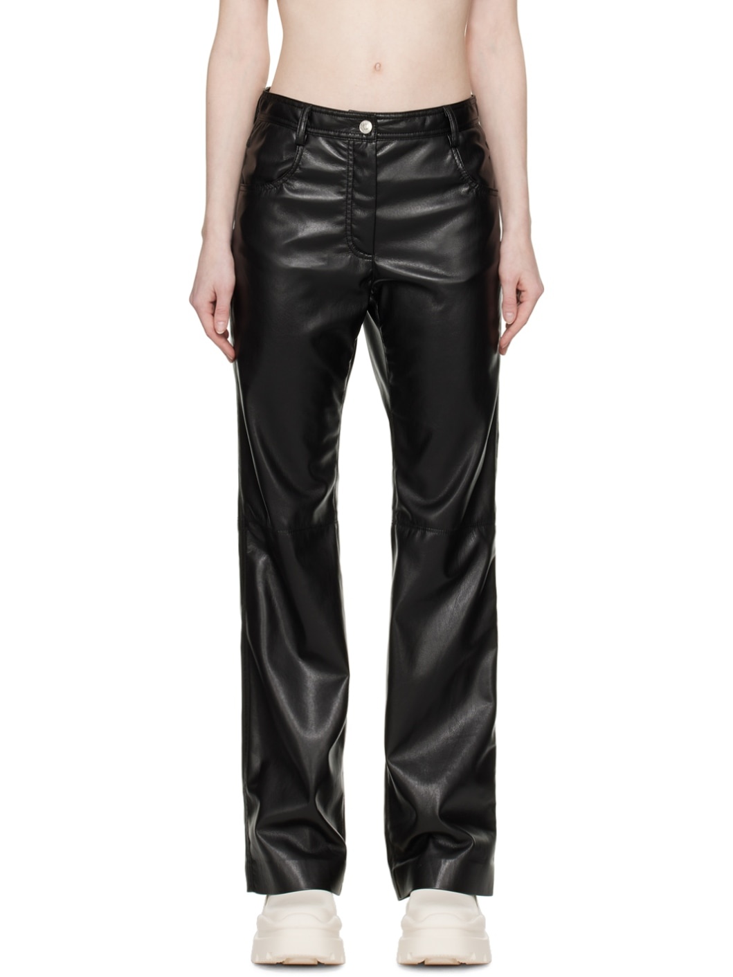 Black Paneled Faux-Leather Trousers - 1
