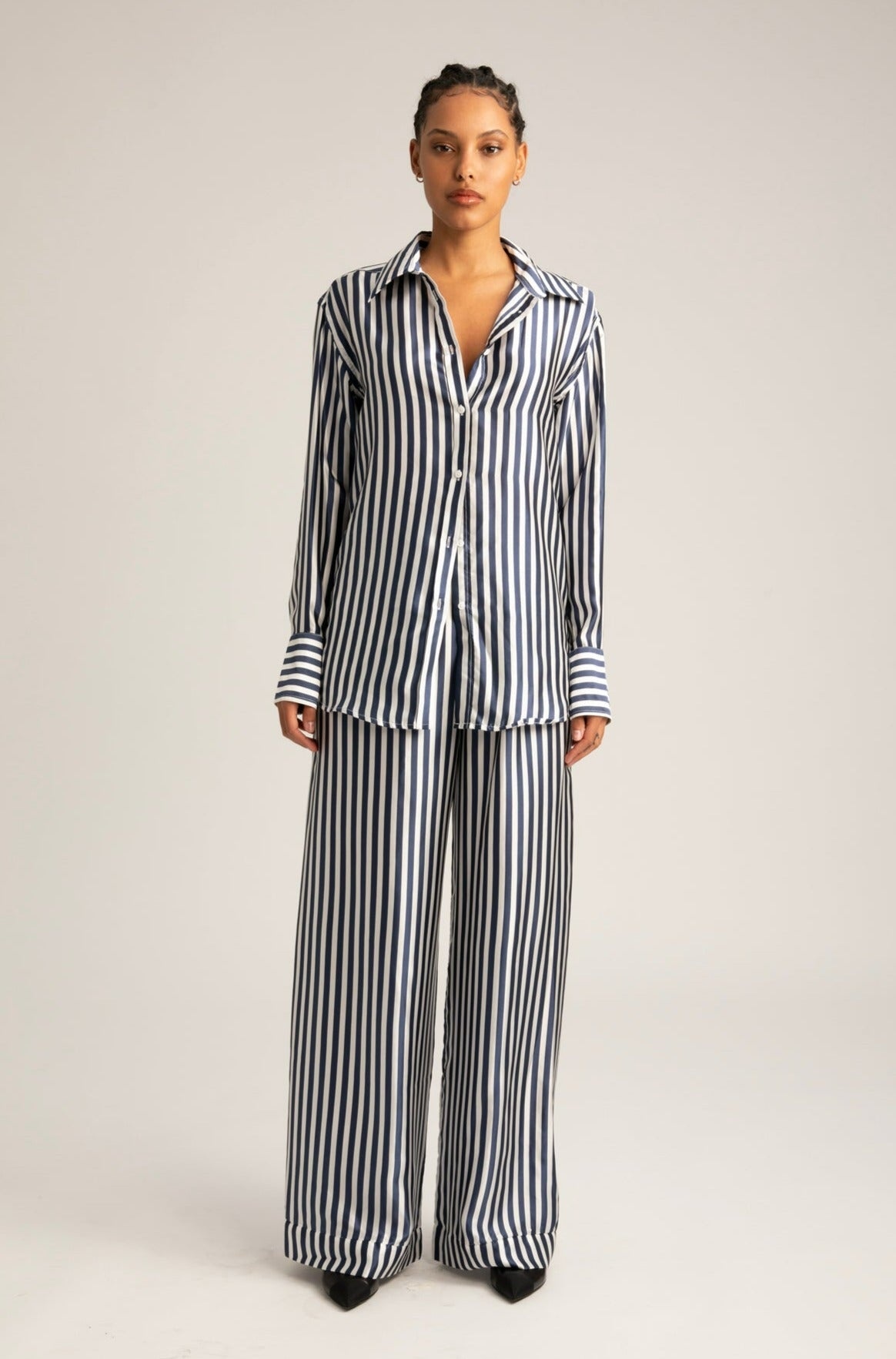 NAVY STRIPED SILK BUTTON DOWN - 2